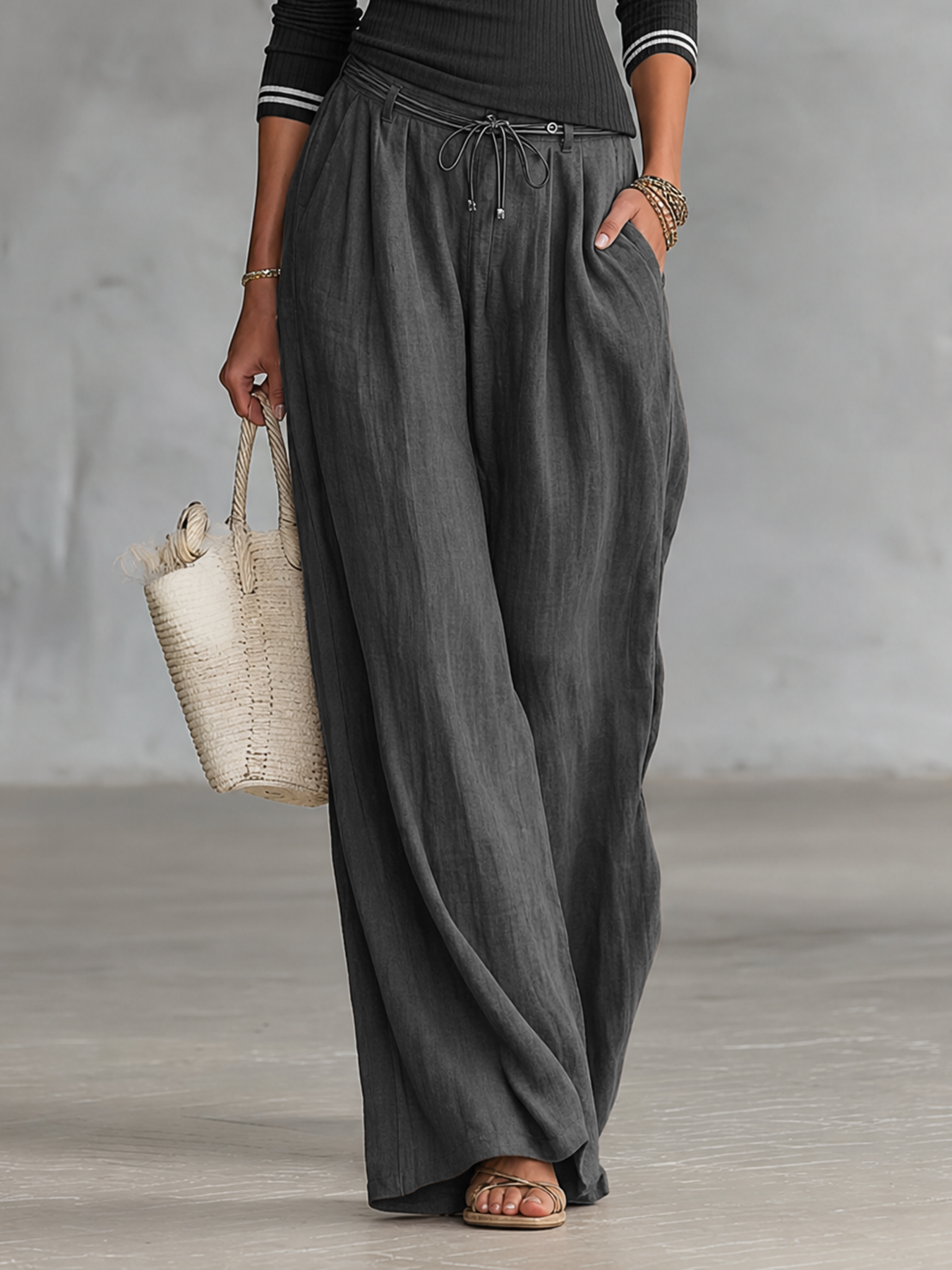 Women's Casual Ribbed Sweater And Wide-Leg Pants Set MDZ2736G1WY