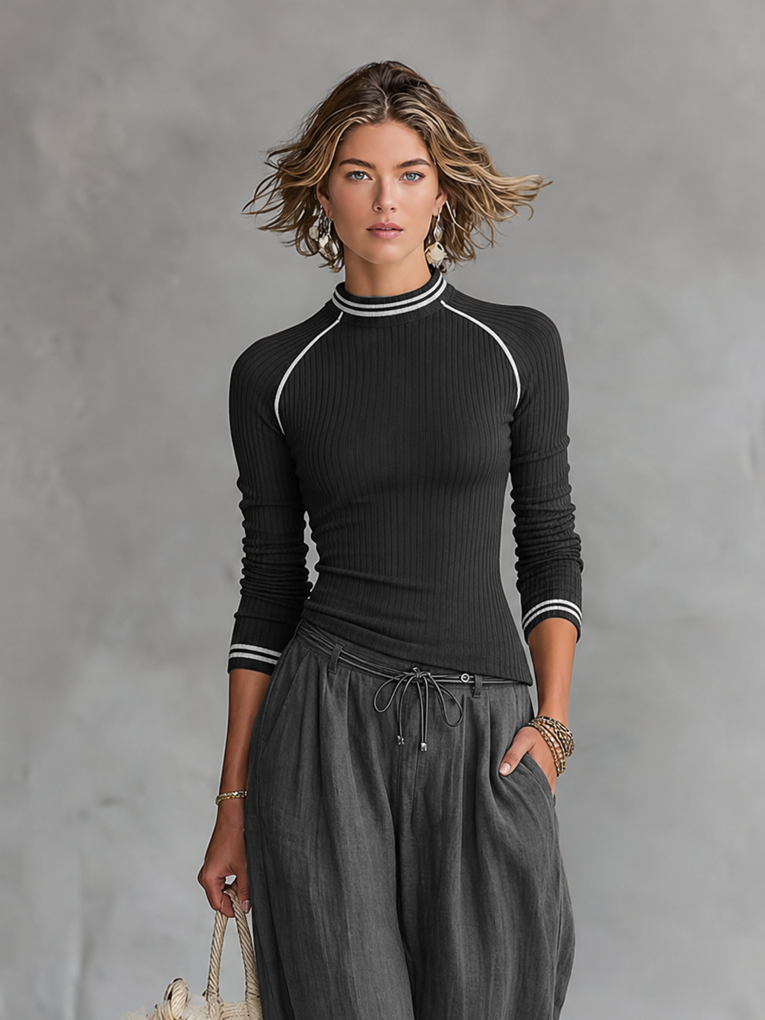 Women's Casual Ribbed Sweater And Wide-Leg Pants Set MDZ2736G1WY