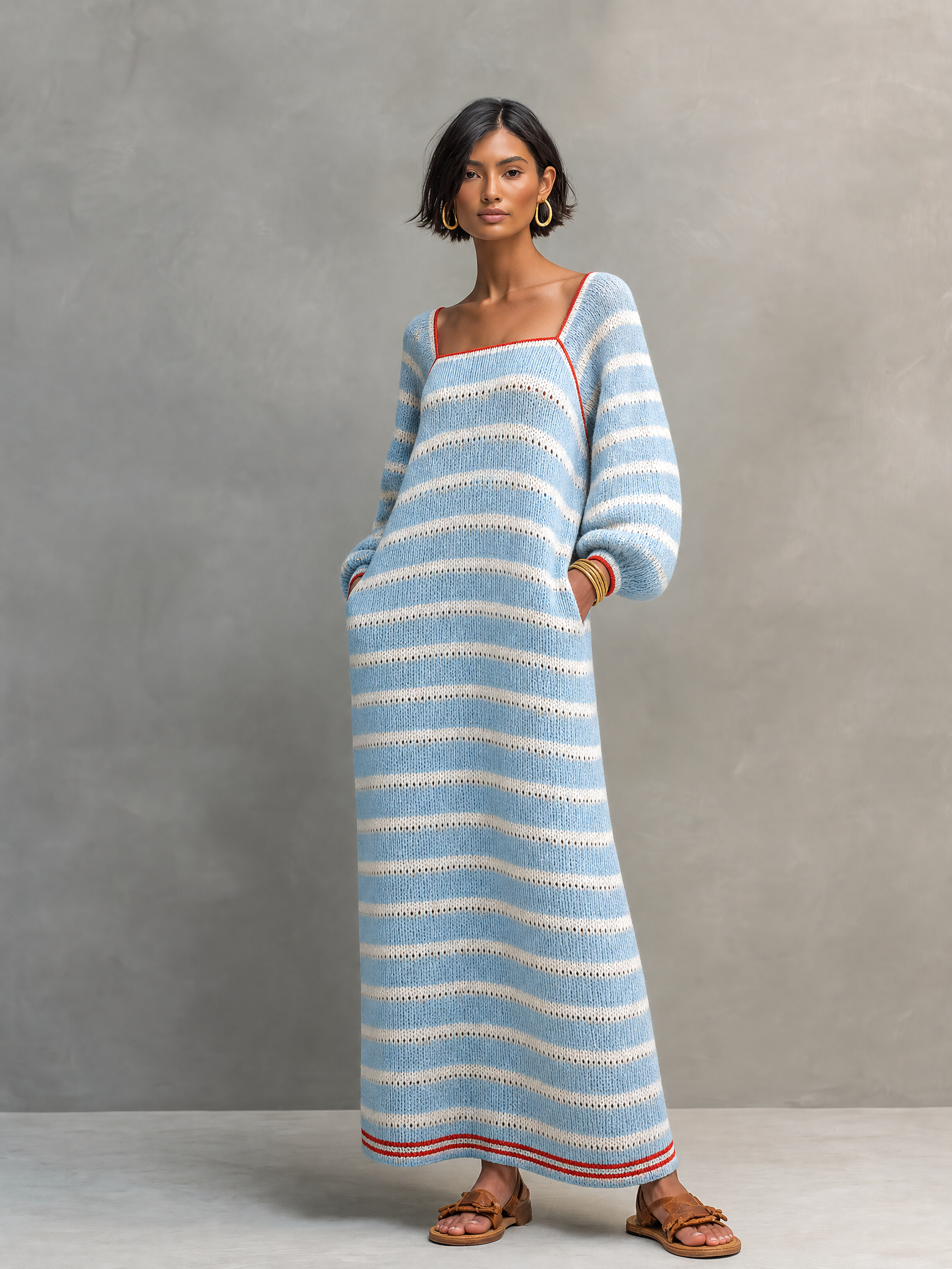 Women's Minimalist Striped Square-Neck Long-Sleeve Maxi Sweater Dress – Modesees