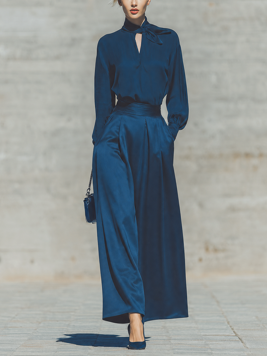 Women's Solid Deep Blue Satin Bow Tie Mock Neck Long Sleeve Loose Top High Rise Waist Side Pocket Skirt Set MDZ2496G7YZJ
