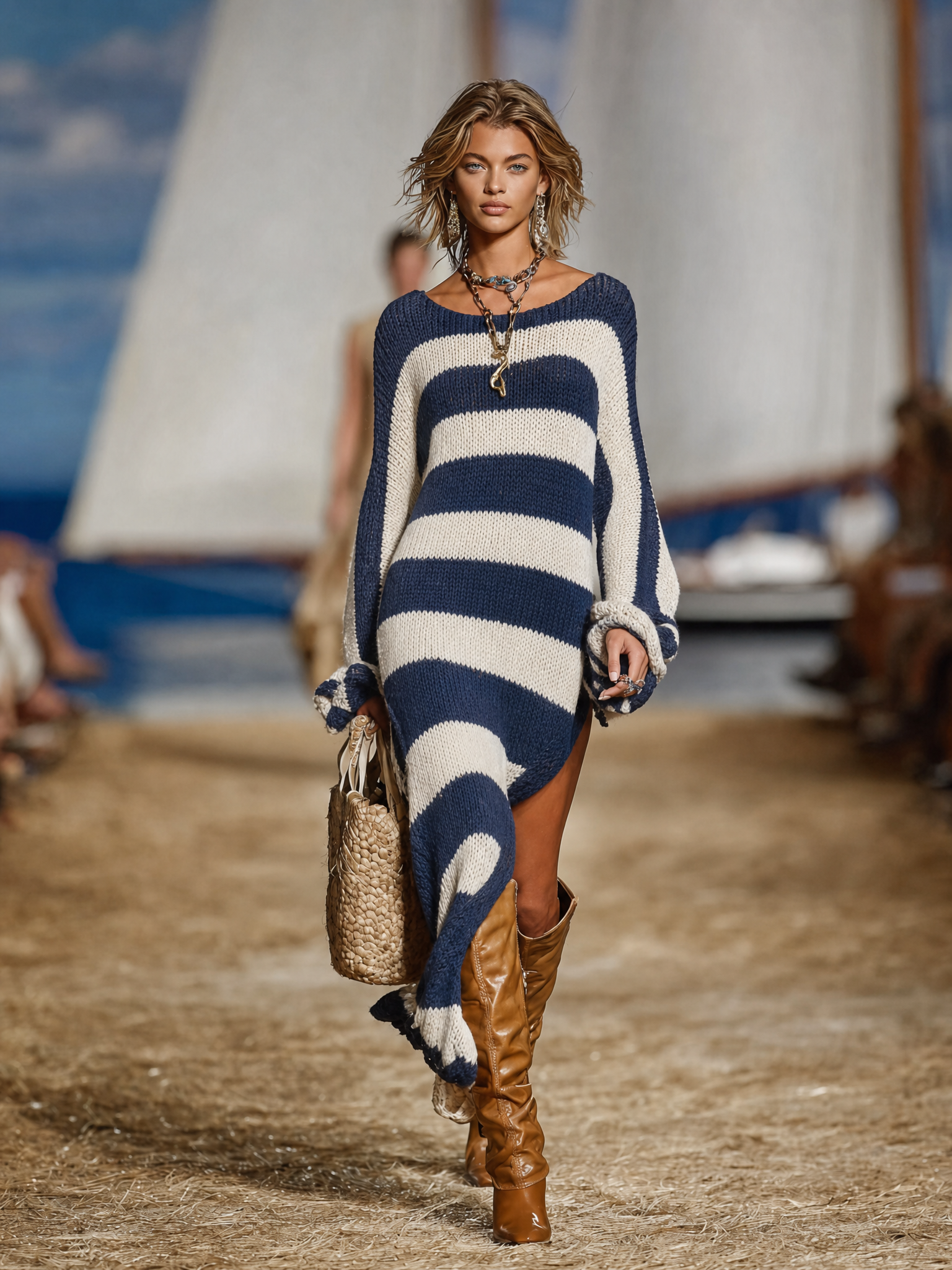 Women's Minimalist Wide-Stripe Long-Sleeve Sweater Dress With Side Slits MDZ2797G9WY