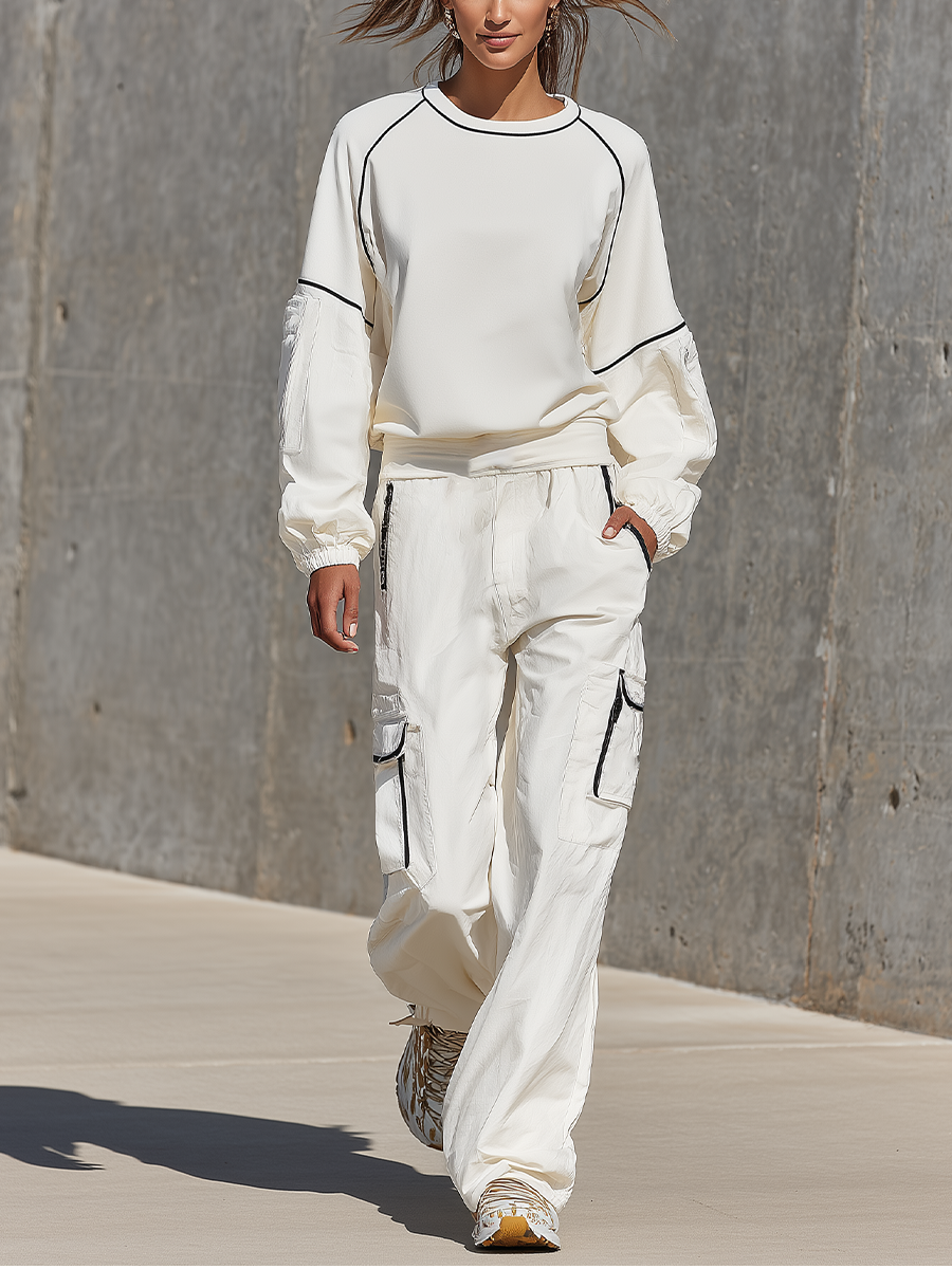 Women's Off White Contrast Black Piping Raglan Crew Neck Long Sleeve Sweatshirt Multi Cargo Pocket Wide Leg Pants Two Piece Set MDZ2788G3YZJ