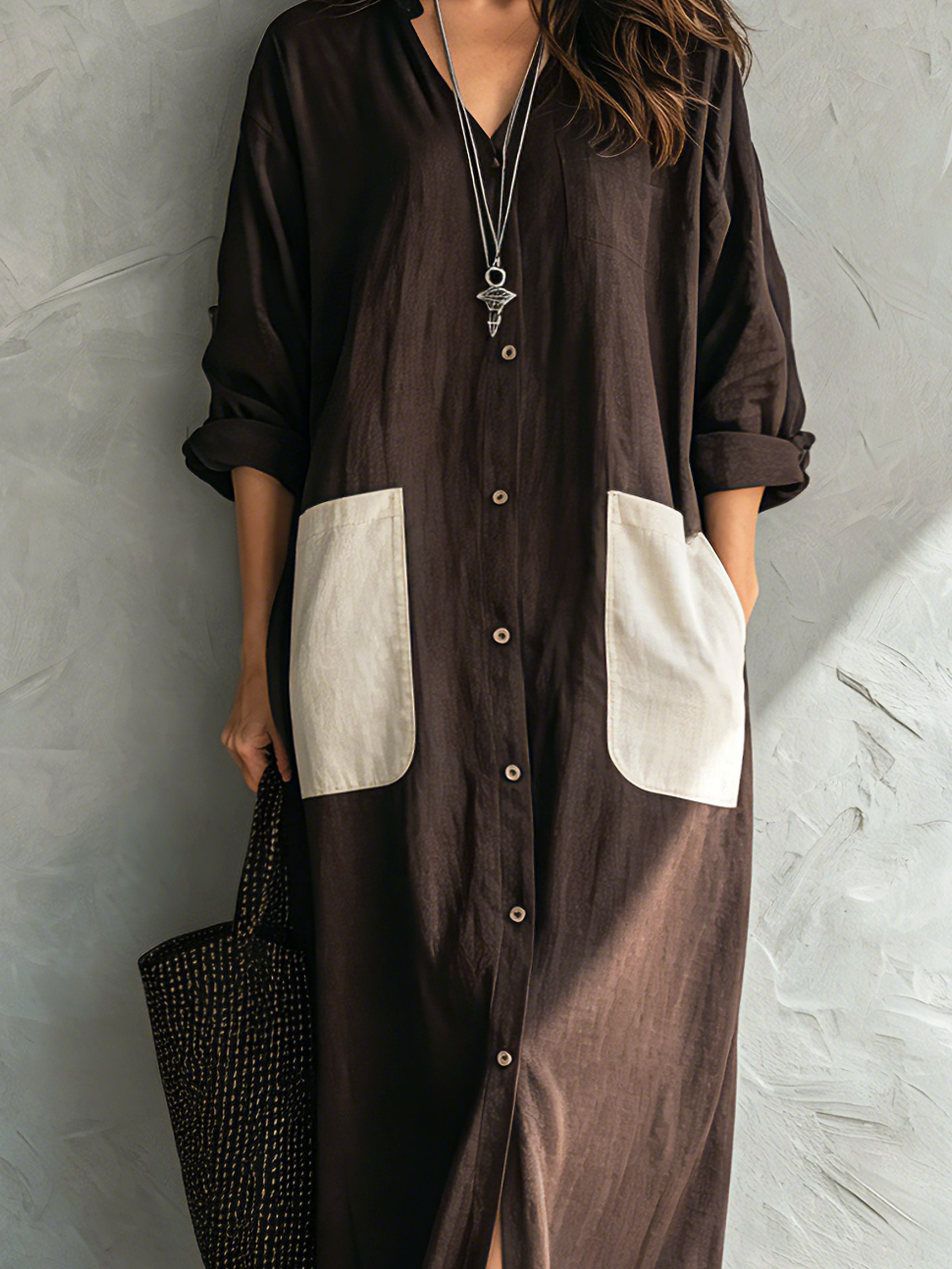 Women's Casual Brown Cotton-Linen V-Neck Long-Sleeve Shirt Dress MDZ2807G9LXY