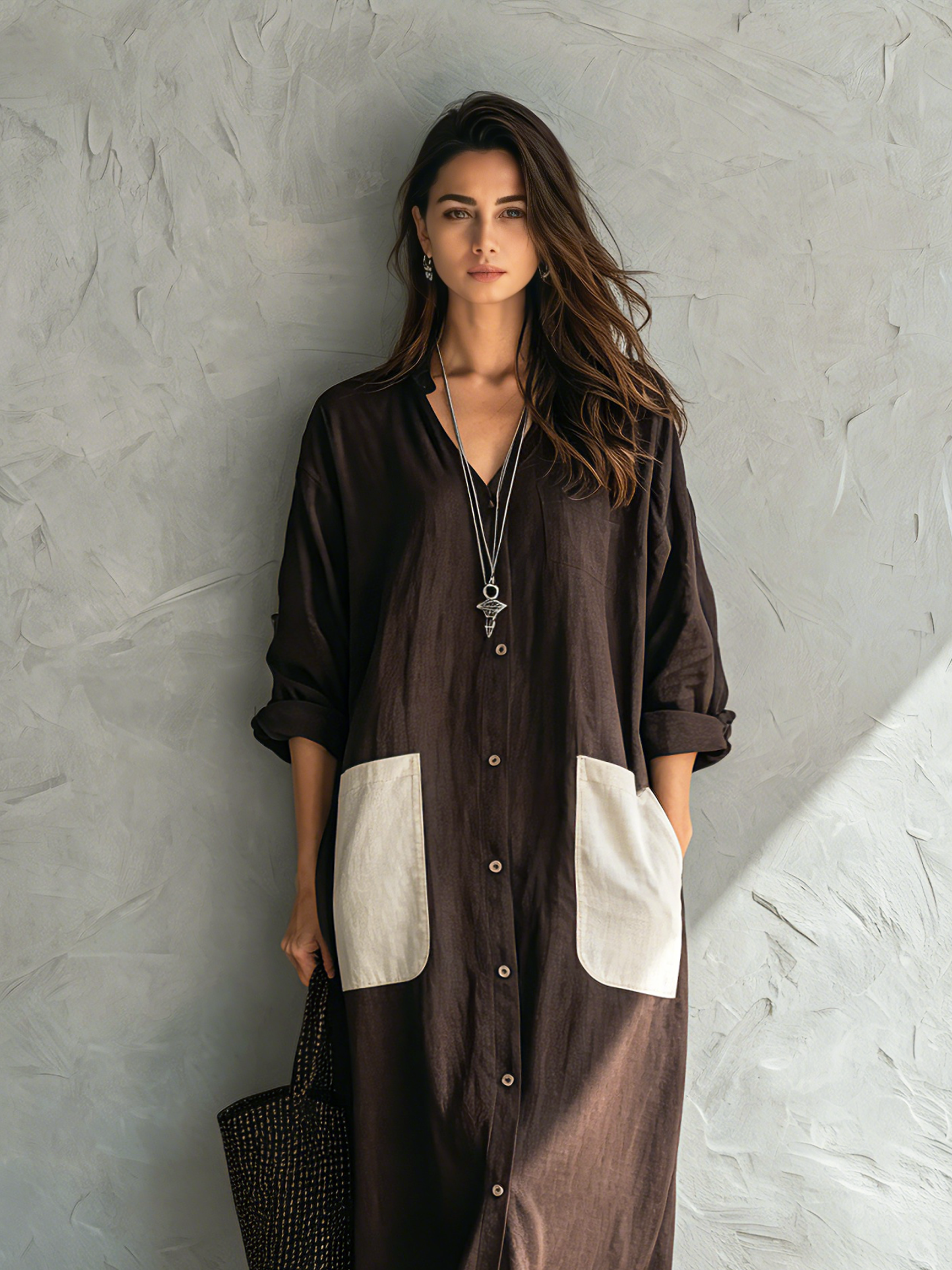 Women's Casual Brown Cotton-Linen V-Neck Long-Sleeve Shirt Dress MDZ2807G9LXY