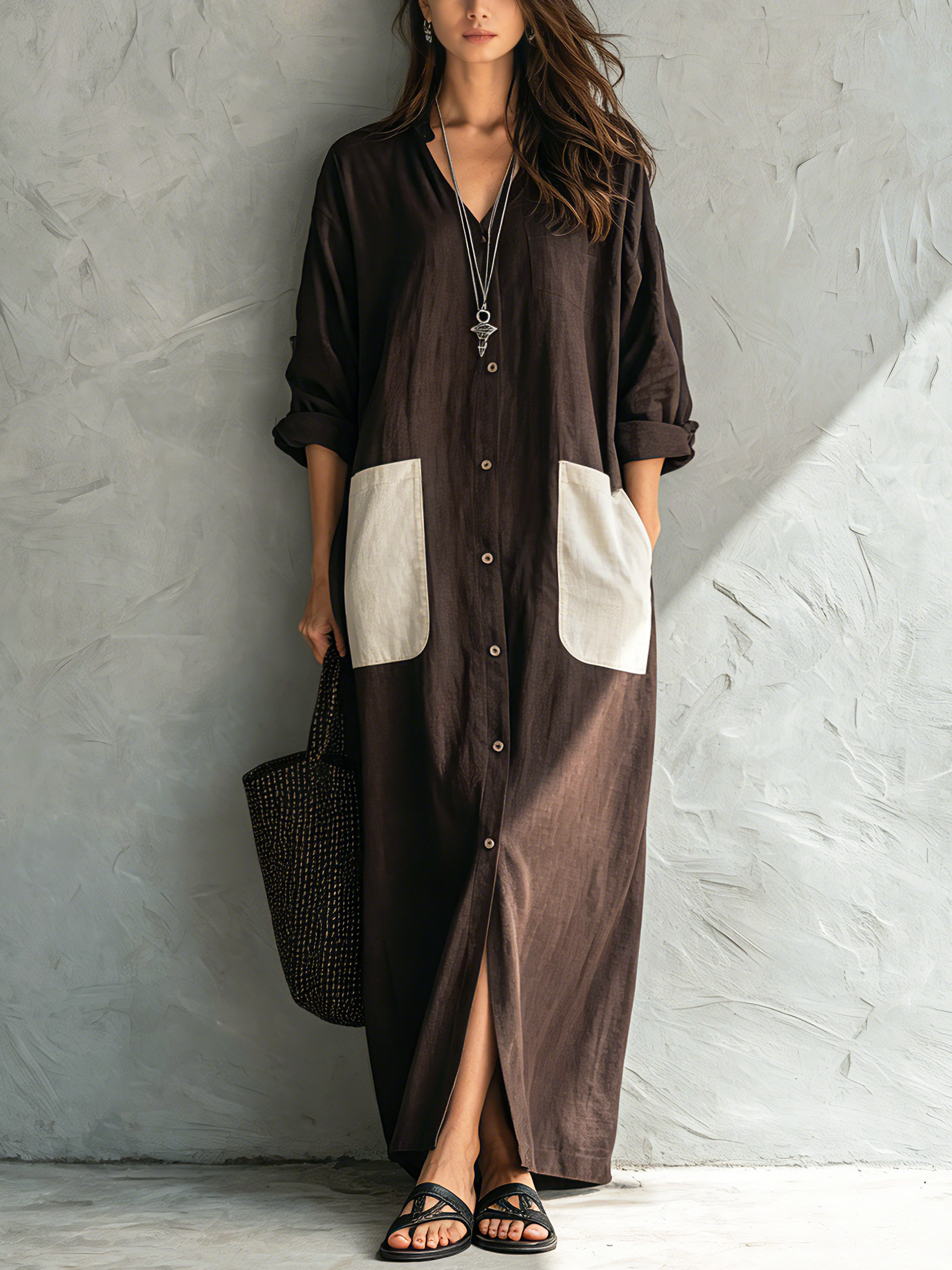 Women's Casual Brown Cotton-Linen V-Neck Long-Sleeve Shirt Dress MDZ2807G9LXY