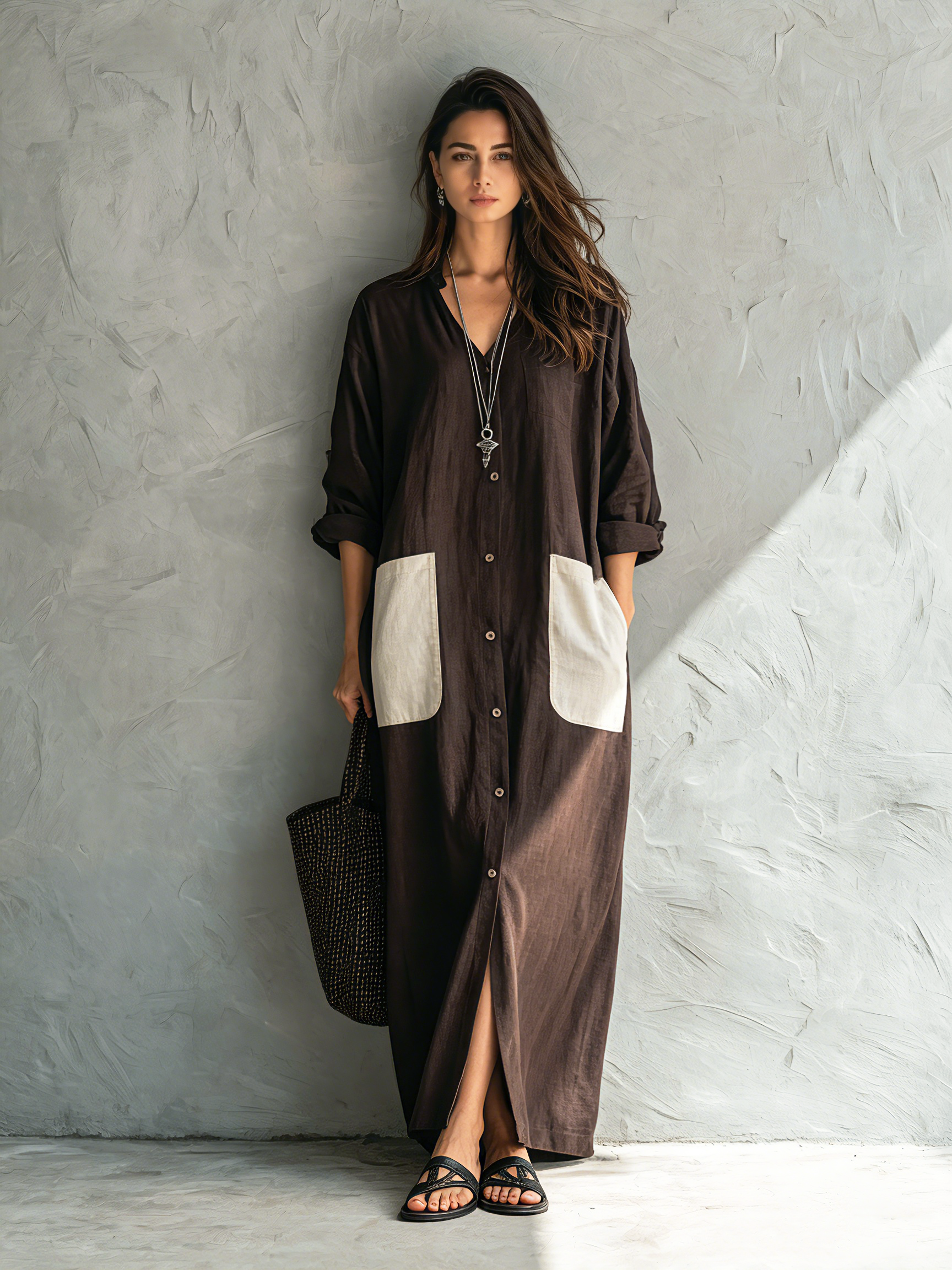 Women's Casual Brown Cotton-Linen V-Neck Long-Sleeve Shirt Dress MDZ2807G9LXY