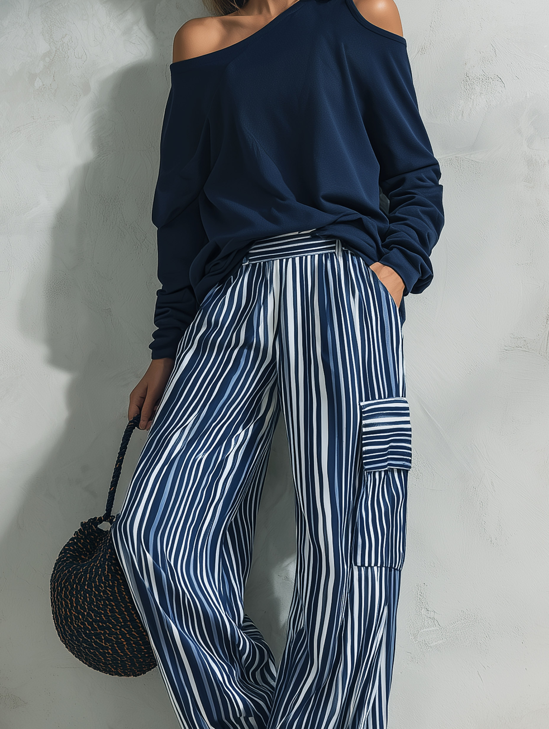 Women's Casual Long-sleeved Top In Navy Blue Sweatshirt Fabric, Paired With Blue-and-white Striped Woven Trousers MDZ2895G0LXY