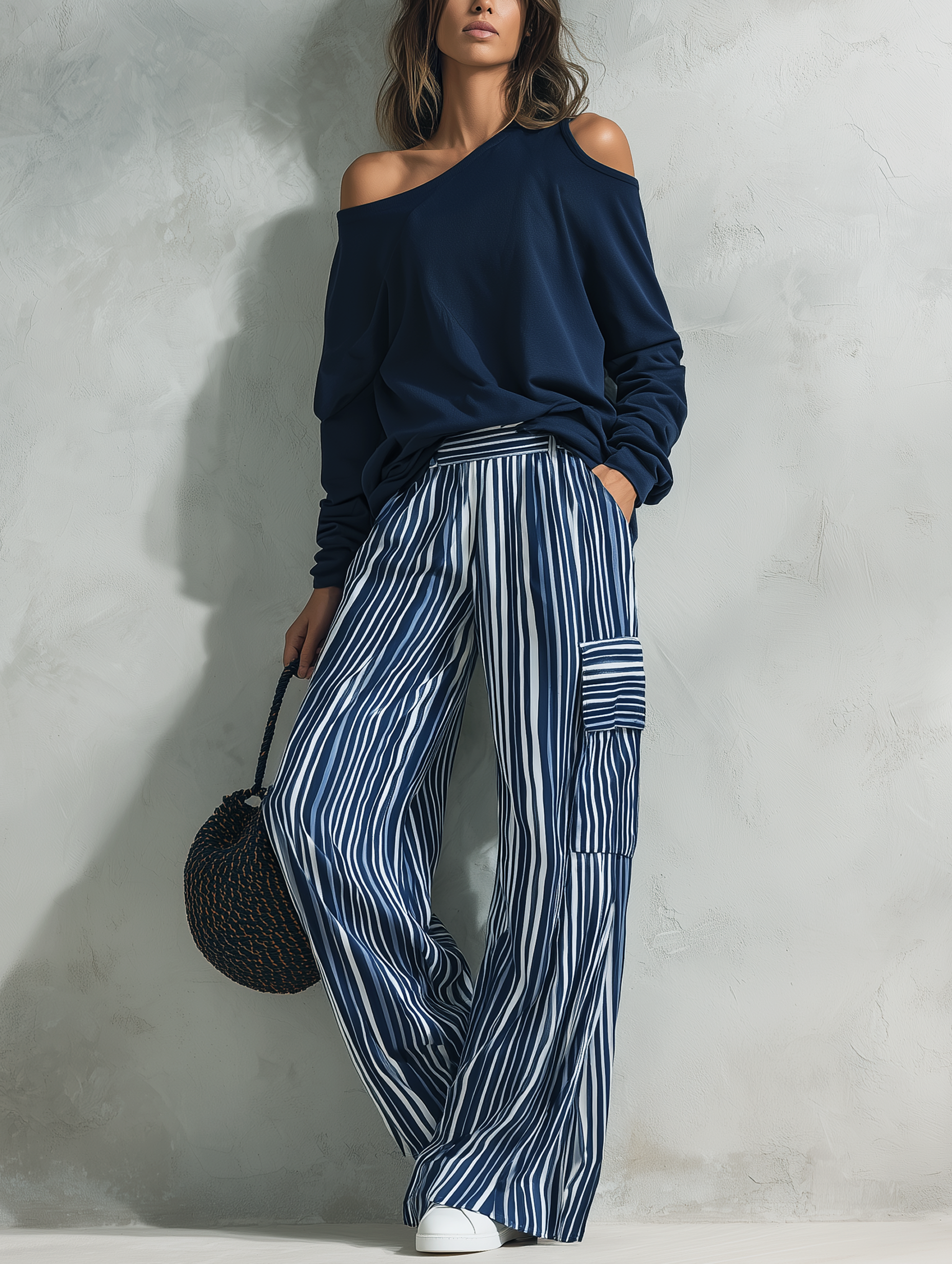 Women's Casual Long-sleeved Top In Navy Blue Sweatshirt Fabric, Paired With Blue-and-white Striped Woven Trousers MDZ2895G0LXY