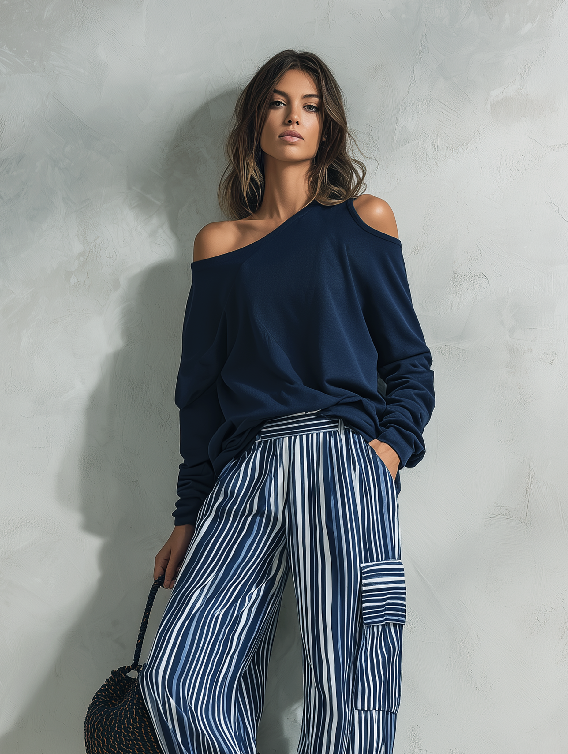 Women's Casual Long-sleeved Top In Navy Blue Sweatshirt Fabric, Paired With Blue-and-white Striped Woven Trousers MDZ2895G0LXY