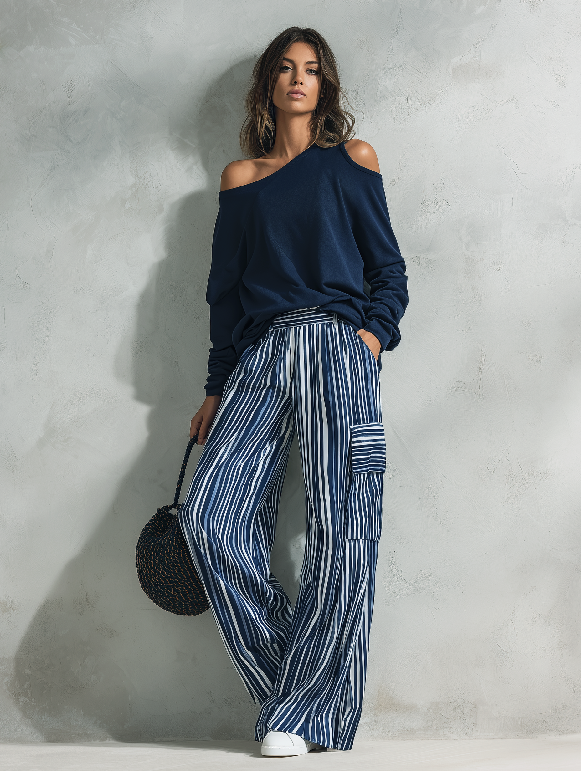 Women's Casual Long-sleeved Top In Navy Blue Sweatshirt Fabric, Paired With Blue-and-white Striped Woven Trousers MDZ2895G0LXY