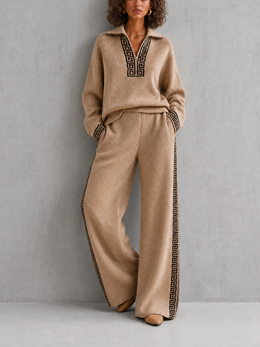 Women's Elegant Casual Brown Ribbed-Knit Collared Half-Zip Greek-Key Jacquard Dropped-Shoulder Long-Sleeve Sweater & Wide-Leg Trouser Set MDZ2896G2CMX