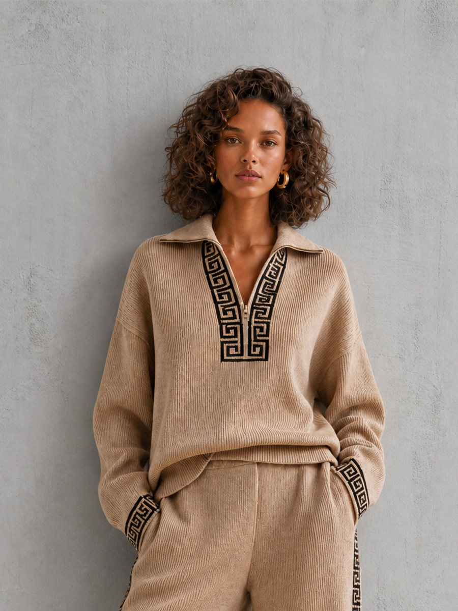 Women's Elegant Casual Brown Ribbed-Knit Collared Half-Zip Greek-Key Jacquard Dropped-Shoulder Long-Sleeve Sweater & Wide-Leg Trouser Set MDZ2896G2CMX