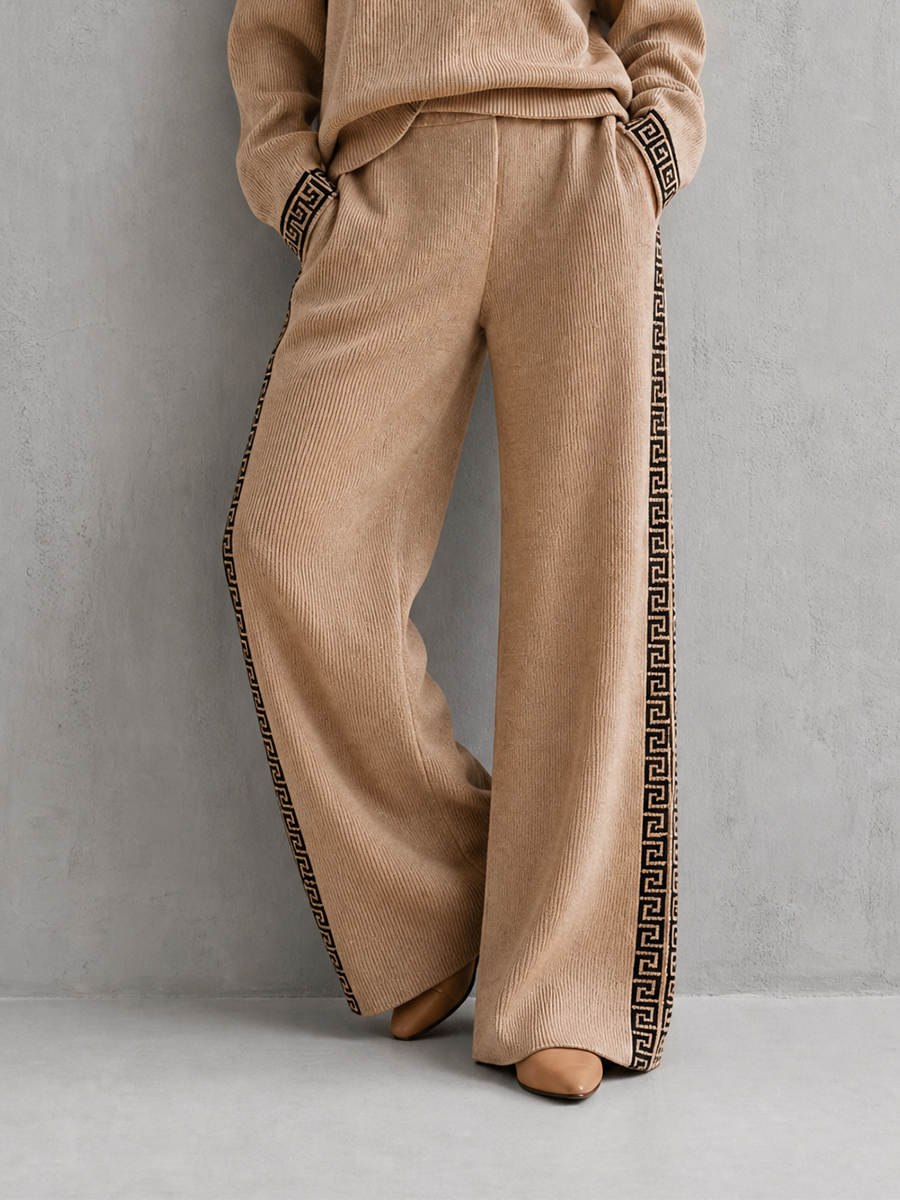 Women's Elegant Casual Brown Ribbed-Knit Collared Half-Zip Greek-Key Jacquard Dropped-Shoulder Long-Sleeve Sweater & Wide-Leg Trouser Set MDZ2896G2CMX