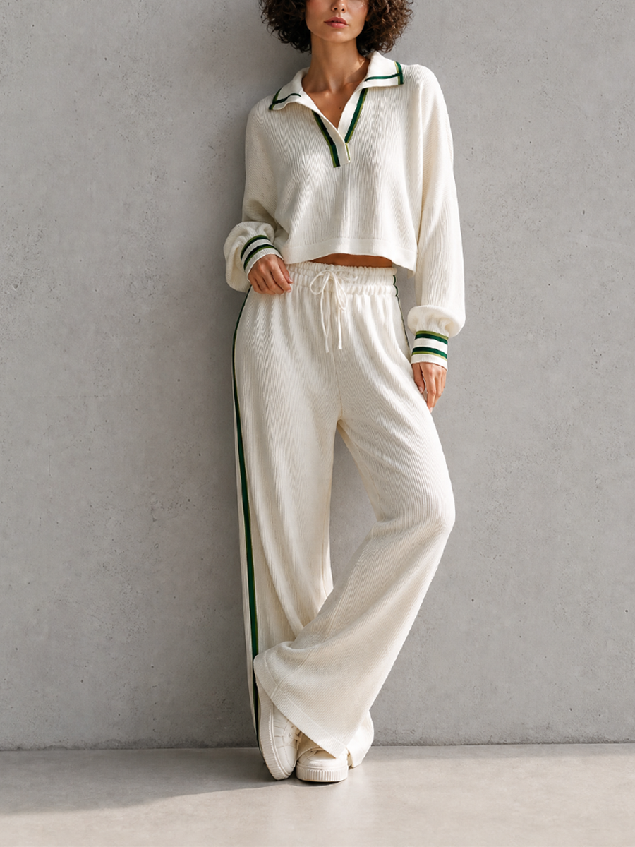 Women's Casual Sporty Off-white Ribbed-Knit Polo-Collar Half-Zip Green-Trim Dropped-Shoulder Long-Sleeve Cropped Top & Drawstring Wide-Leg Trouser Set MDZ2808G4CMX