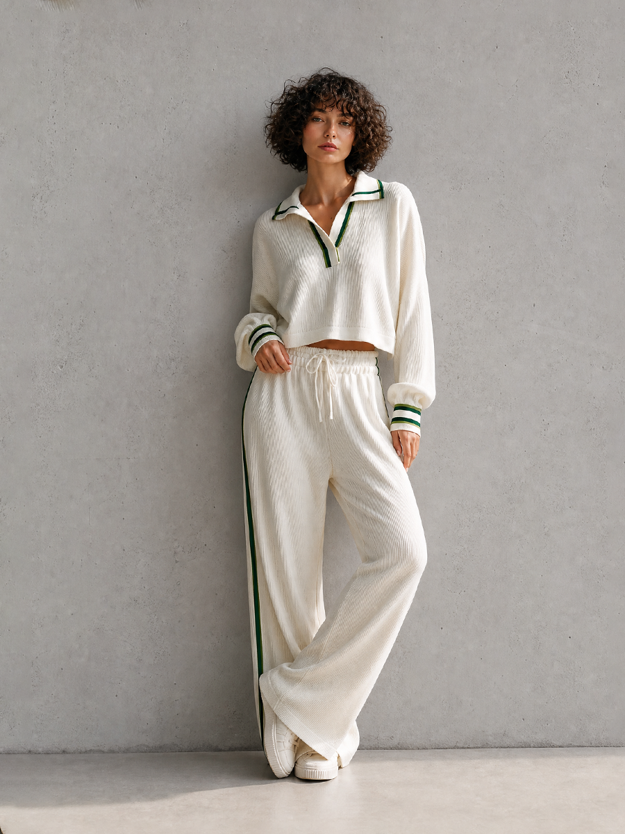Women's Casual Sporty Off-white Ribbed-Knit Polo-Collar Half-Zip Green-Trim Dropped-Shoulder Long-Sleeve Cropped Top & Drawstring Wide-Leg Trouser Set MDZ2808G4CMX