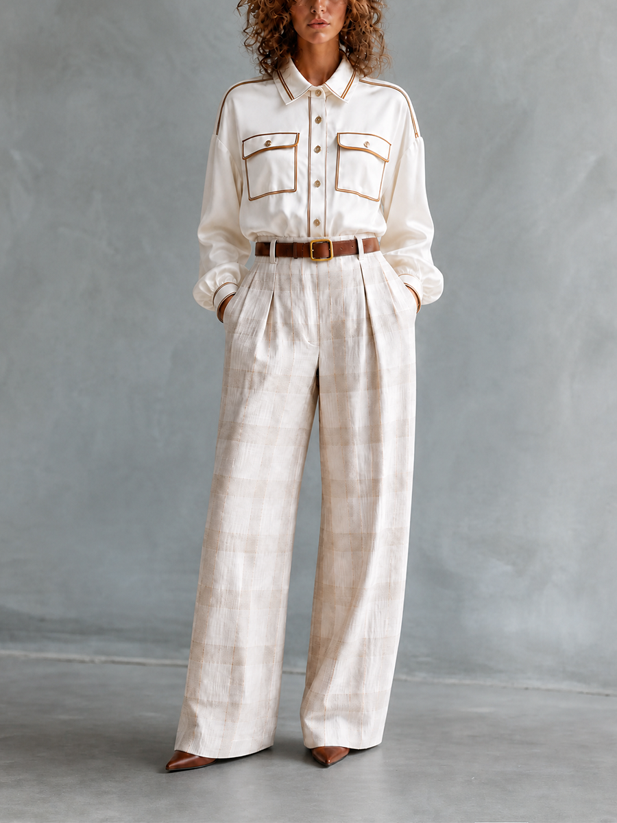 Women's Elegant Casual Off-white Collared Contrast-Piping Long-Sleeve Shirt & Checked Belted High-Waisted Wide-Leg Trouser Set MDZ2801G2CMX