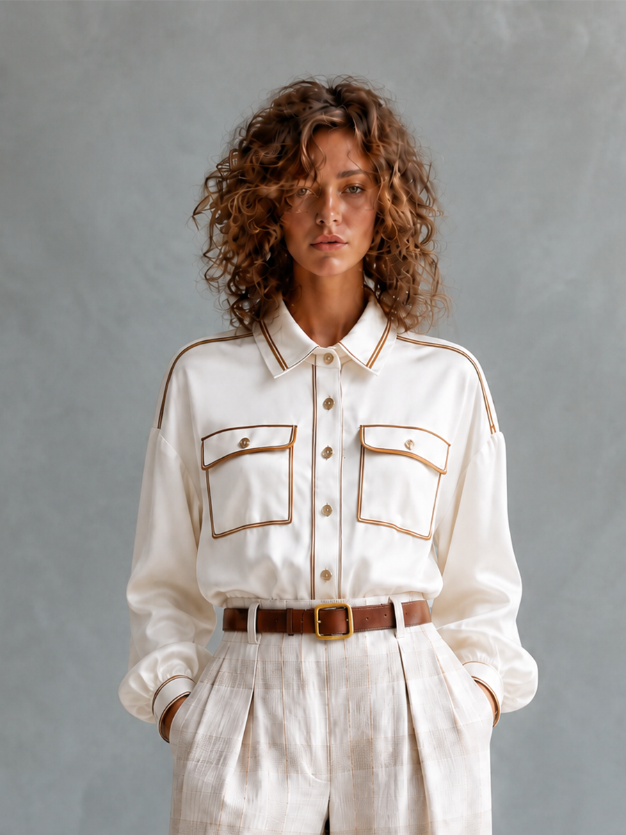 Women's Elegant Casual Off-white Collared Contrast-Piping Long-Sleeve Shirt & Checked Belted High-Waisted Wide-Leg Trouser Set MDZ2801G2CMX