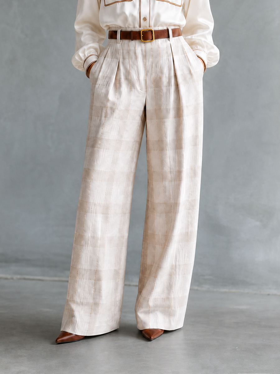 Women's Elegant Casual Off-white Collared Contrast-Piping Long-Sleeve Shirt & Checked Belted High-Waisted Wide-Leg Trouser Set MDZ2801G2CMX