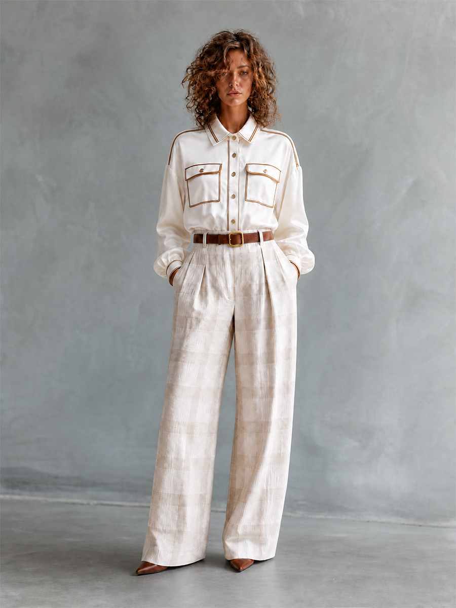Women's Elegant Casual Off-white Collared Contrast-Piping Long-Sleeve Shirt & Checked Belted High-Waisted Wide-Leg Trouser Set MDZ2801G2CMX