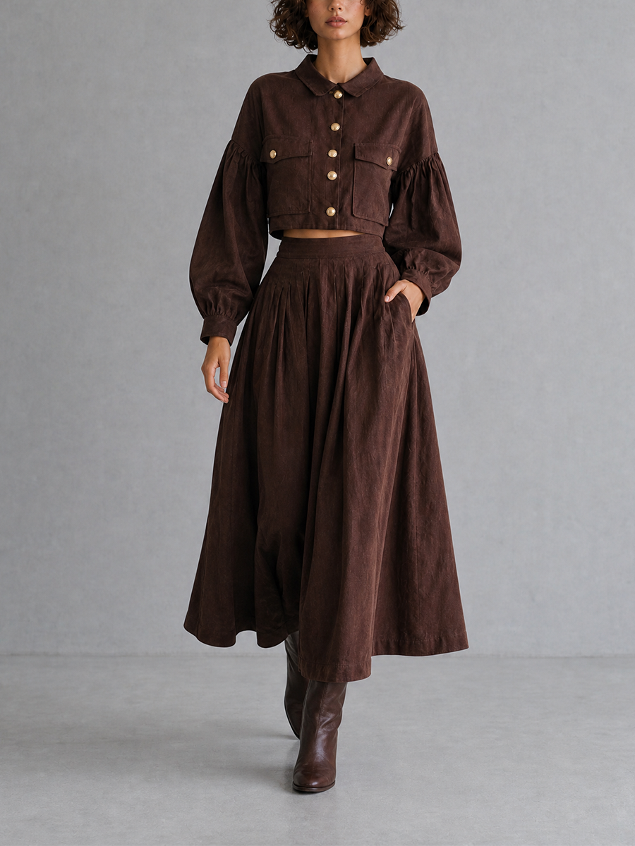 Women's Elegant Vintage Brown Cotton-Linen Collared Blouson-Sleeve Button-Front Cropped Jacket & High-Waisted Pleated A-Line Midi Skirt Set MDZ2890G7CMX