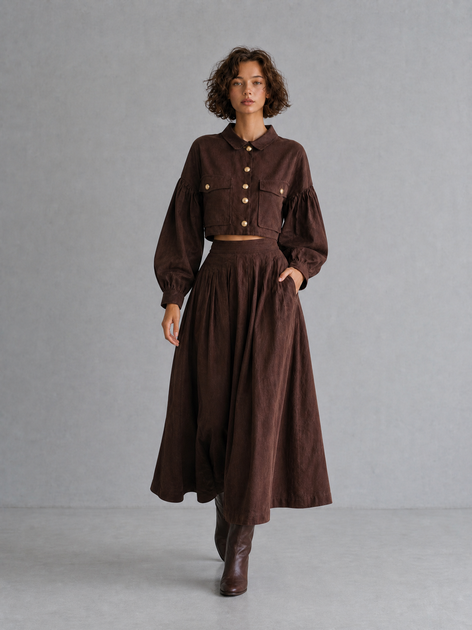 Women's Elegant Vintage Brown Cotton-Linen Collared Blouson-Sleeve Button-Front Cropped Jacket & High-Waisted Pleated A-Line Midi Skirt Set MDZ2890G7CMX