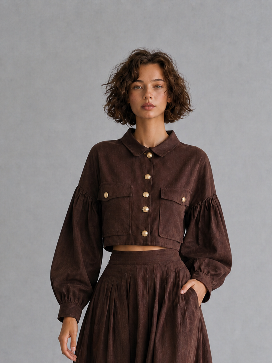 Women's Elegant Vintage Brown Cotton-Linen Collared Blouson-Sleeve Button-Front Cropped Jacket & High-Waisted Pleated A-Line Midi Skirt Set MDZ2890G7CMX