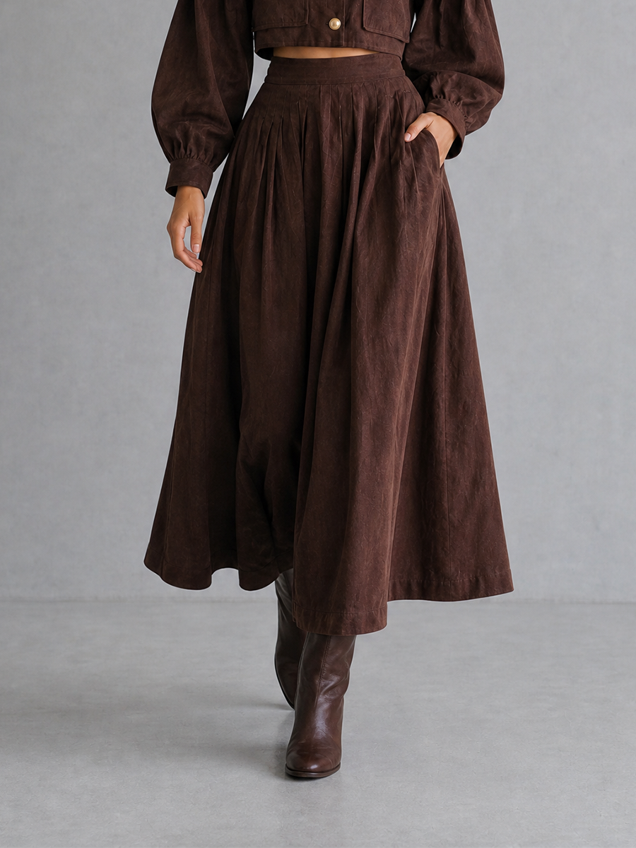 Women's Elegant Vintage Brown Cotton-Linen Collared Blouson-Sleeve Button-Front Cropped Jacket & High-Waisted Pleated A-Line Midi Skirt Set MDZ2890G7CMX