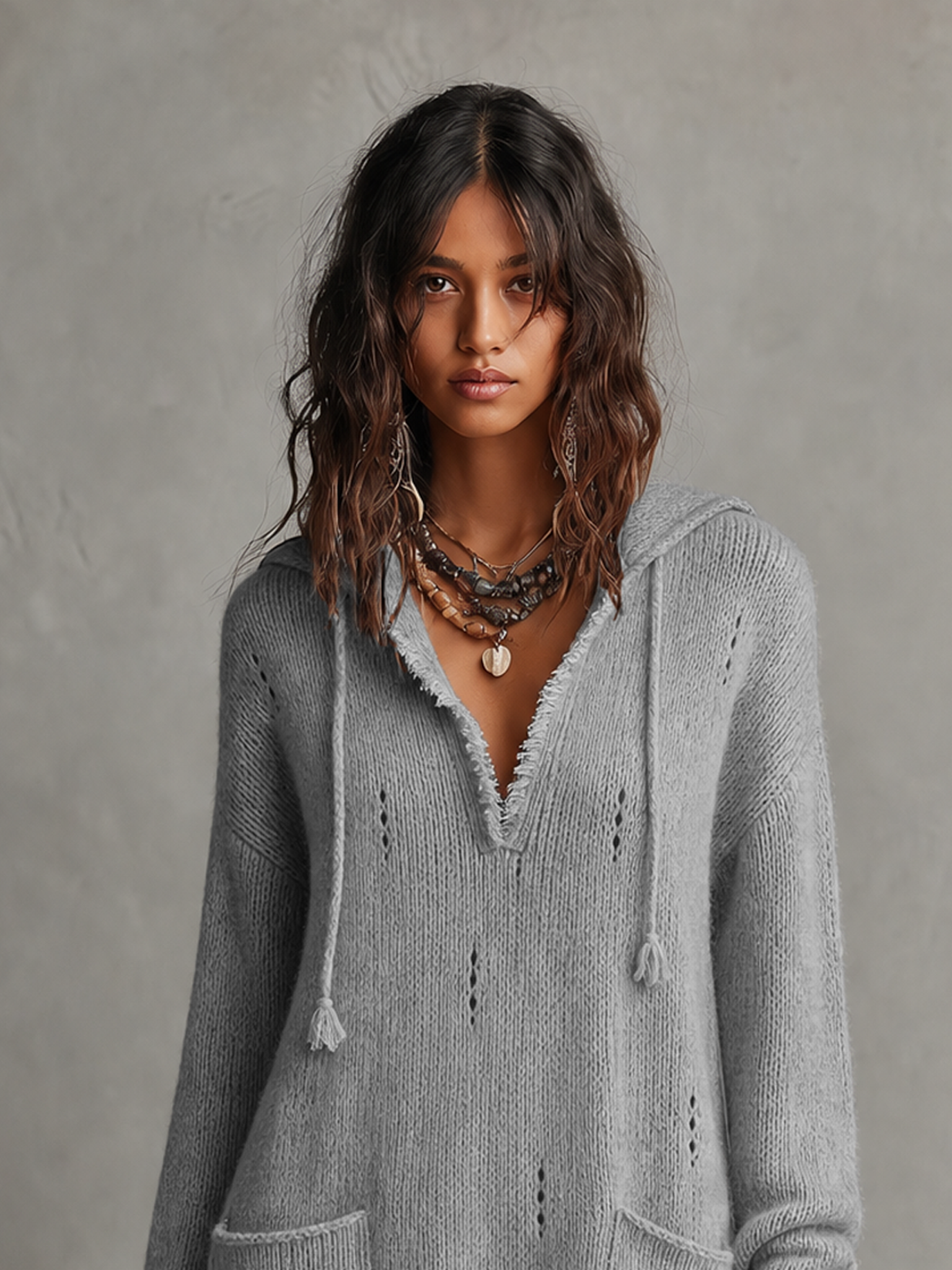 Women's Minimalist Pointelle Hooded Long-Sleeve Knit Mini Dress With Raw Edges MDZ2890G5WY