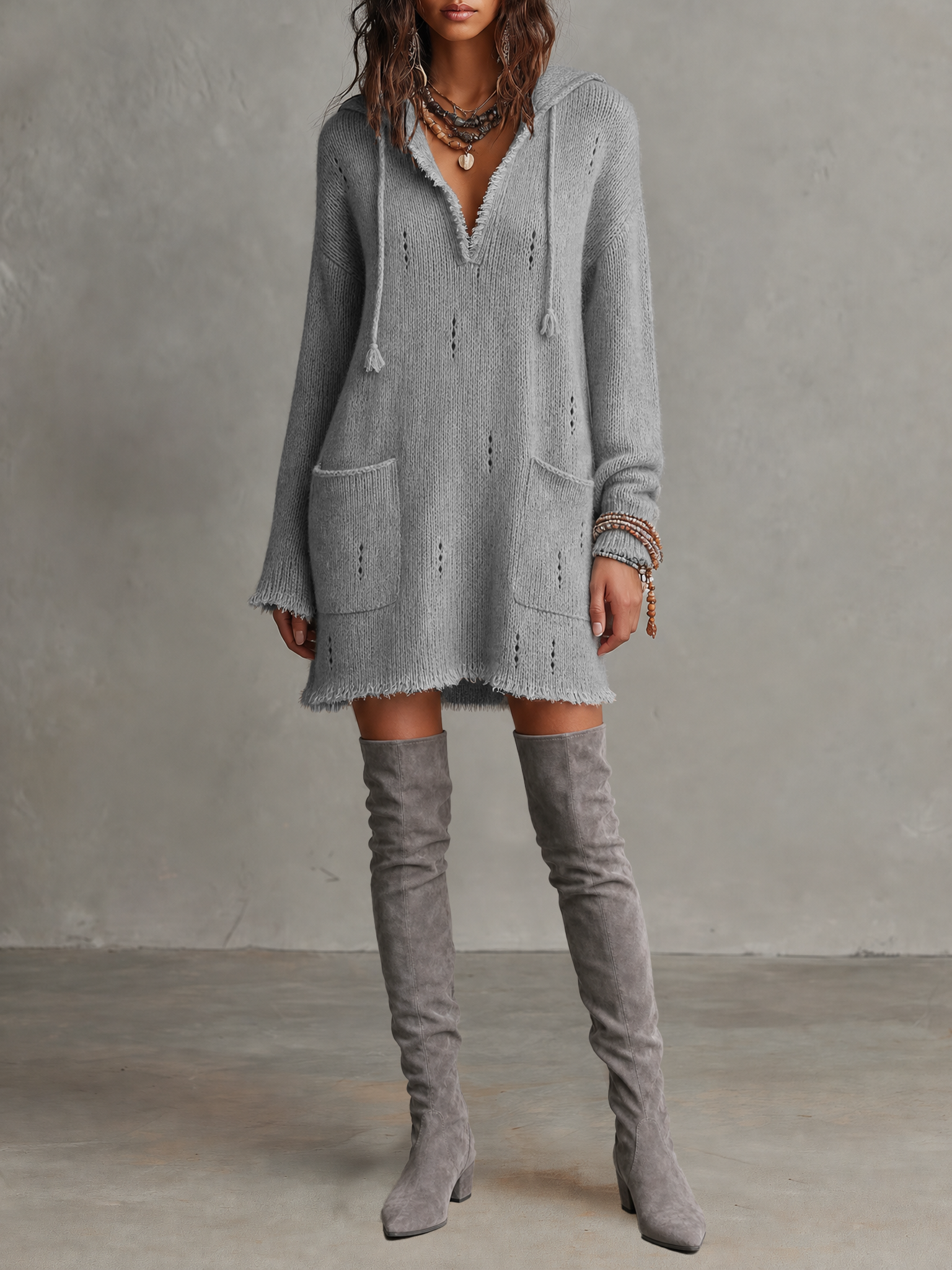 Women's Minimalist Pointelle Hooded Long-Sleeve Knit Mini Dress With Raw Edges MDZ2890G5WY