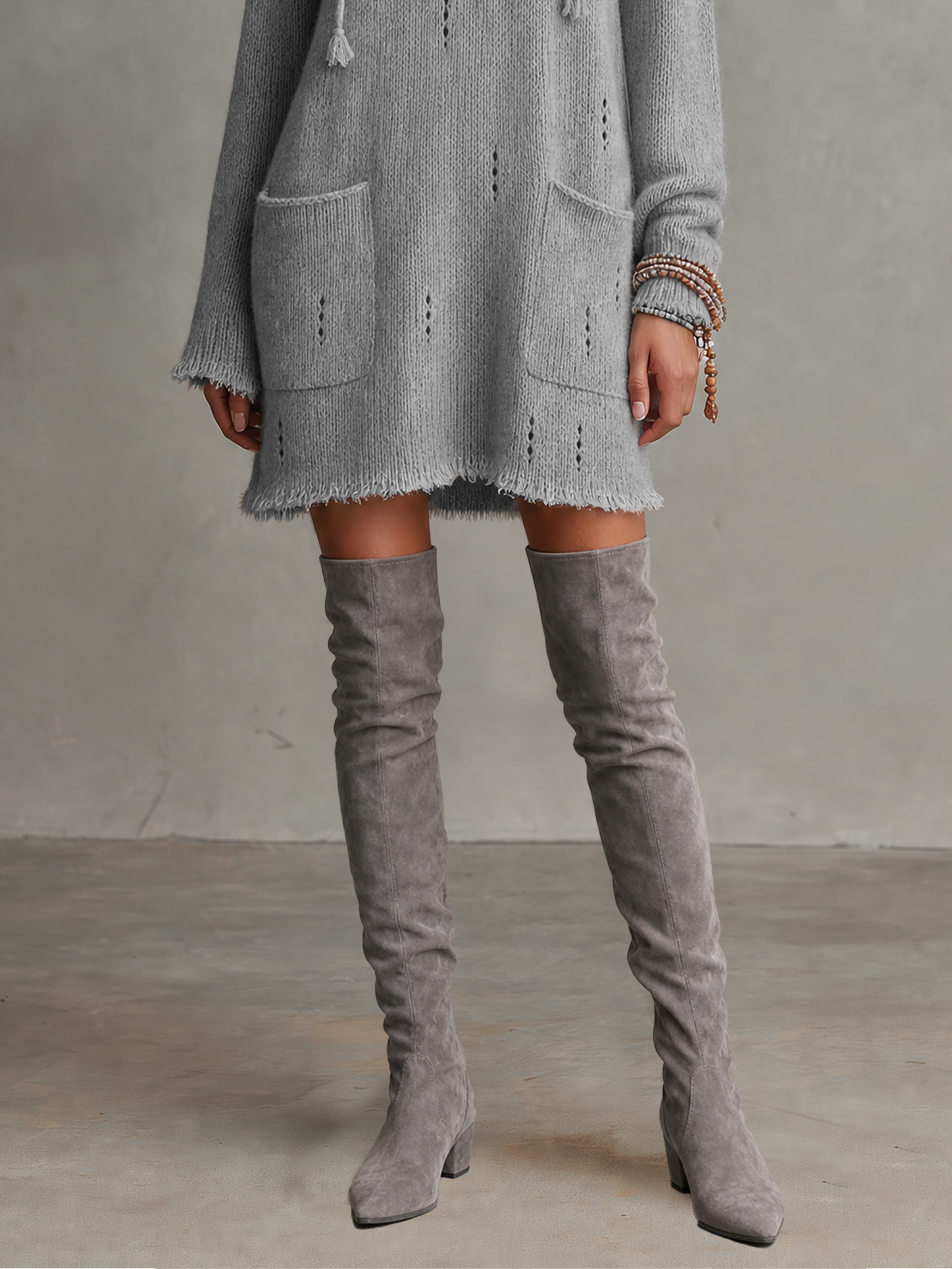 Women's Minimalist Pointelle Hooded Long-Sleeve Knit Mini Dress With Raw Edges MDZ2890G5WY