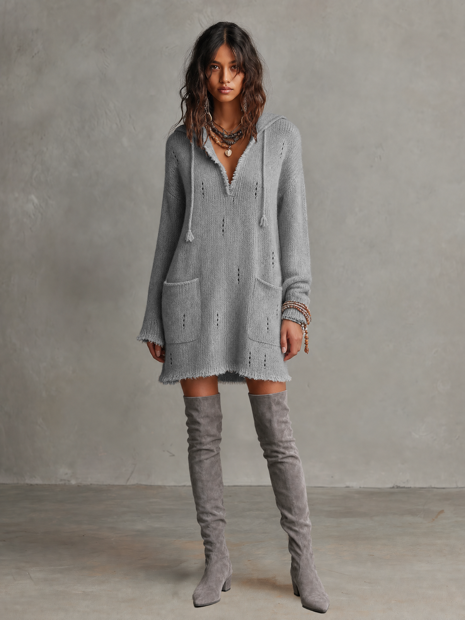 Women's Minimalist Pointelle Hooded Long-Sleeve Knit Mini Dress With Raw Edges MDZ2890G5WY