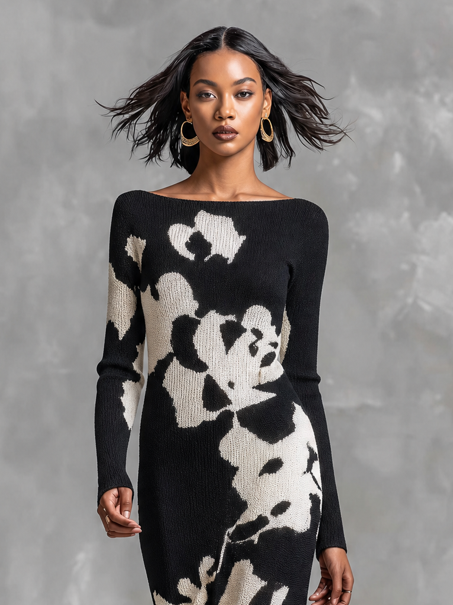Women's Minimalist White Jacquard-knit Boat-neck Long-sleeve Maxi Dress MDZ2861G9WY