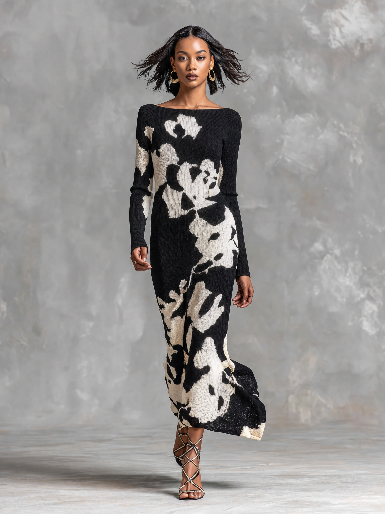 Women's Minimalist White Jacquard-knit Boat-neck Long-sleeve Maxi Dress MDZ2861G9WY