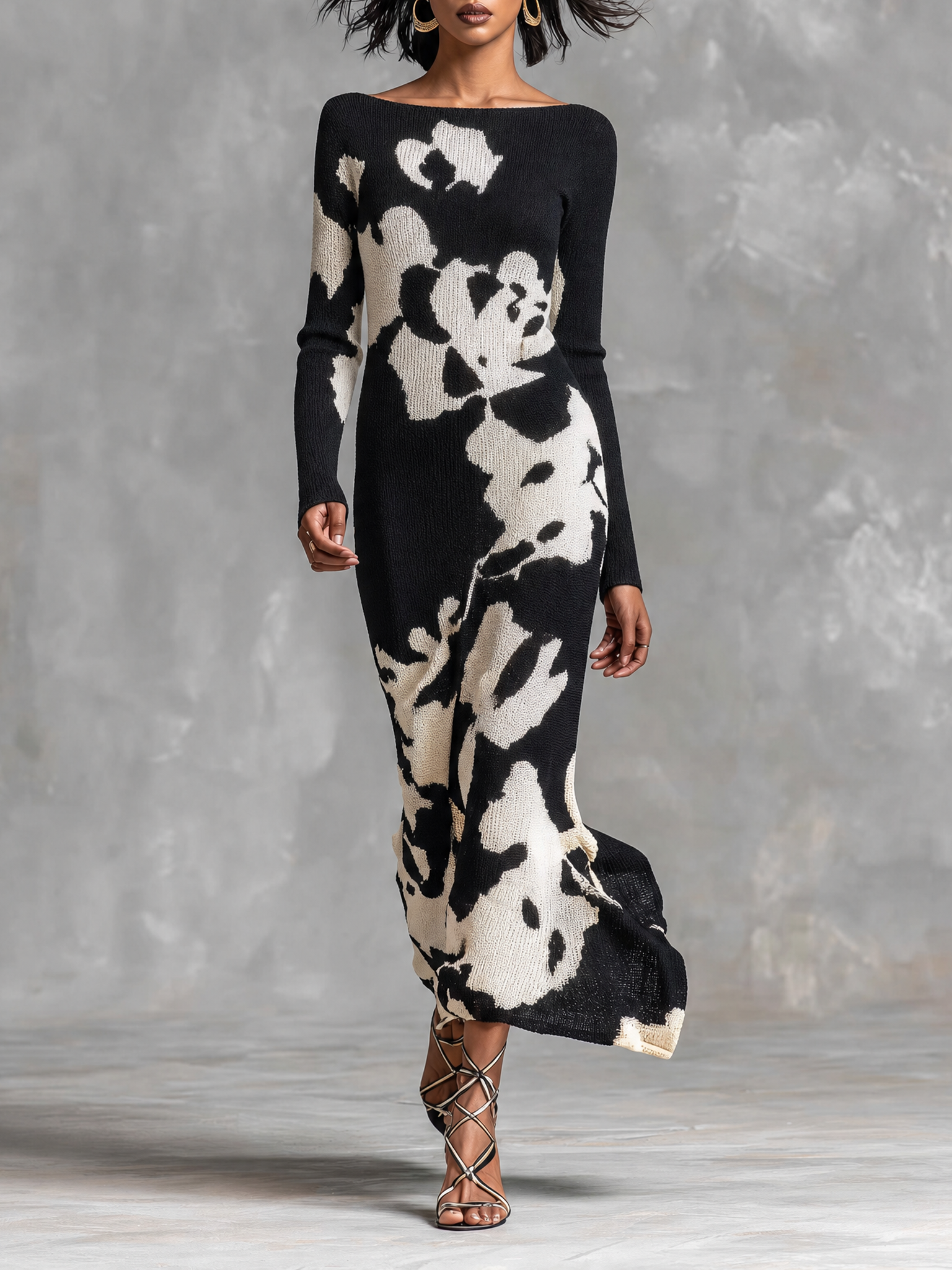 Women's Minimalist White Jacquard-knit Boat-neck Long-sleeve Maxi Dress MDZ2861G9WY