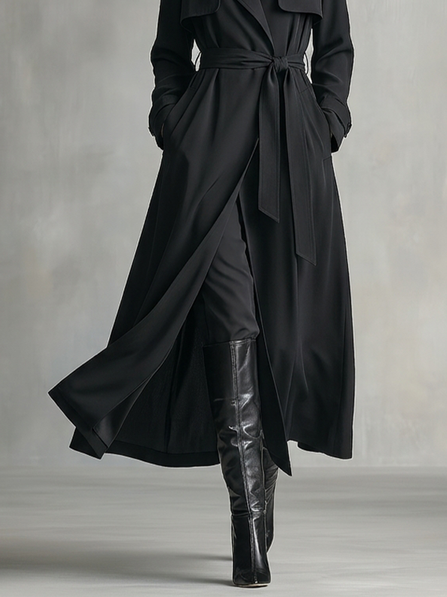 Women's Solid Black Cotton Blend Trench Overcoat With Shoulder Epaulets & Side Pockets, Sophisticated Open Front Long Sleeve Maxi Trench Coat MDZ2844G0LYL