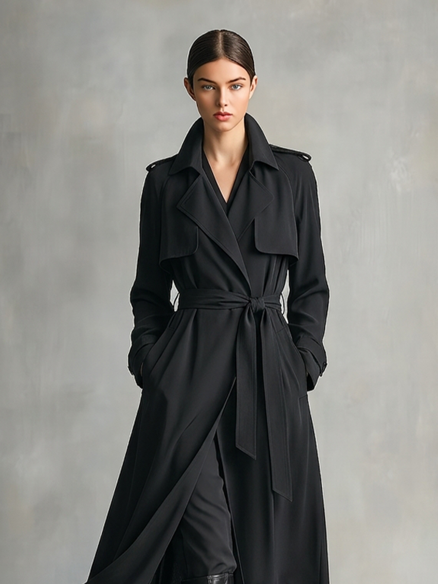 Women's Solid Black Cotton Blend Trench Overcoat With Shoulder Epaulets & Side Pockets, Sophisticated Open Front Long Sleeve Maxi Trench Coat MDZ2844G0LYL