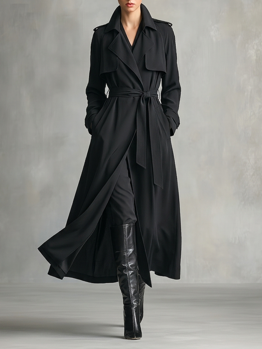 Women's Solid Black Cotton Blend Trench Overcoat With Shoulder Epaulets & Side Pockets, Sophisticated Open Front Long Sleeve Maxi Trench Coat MDZ2844G0LYL
