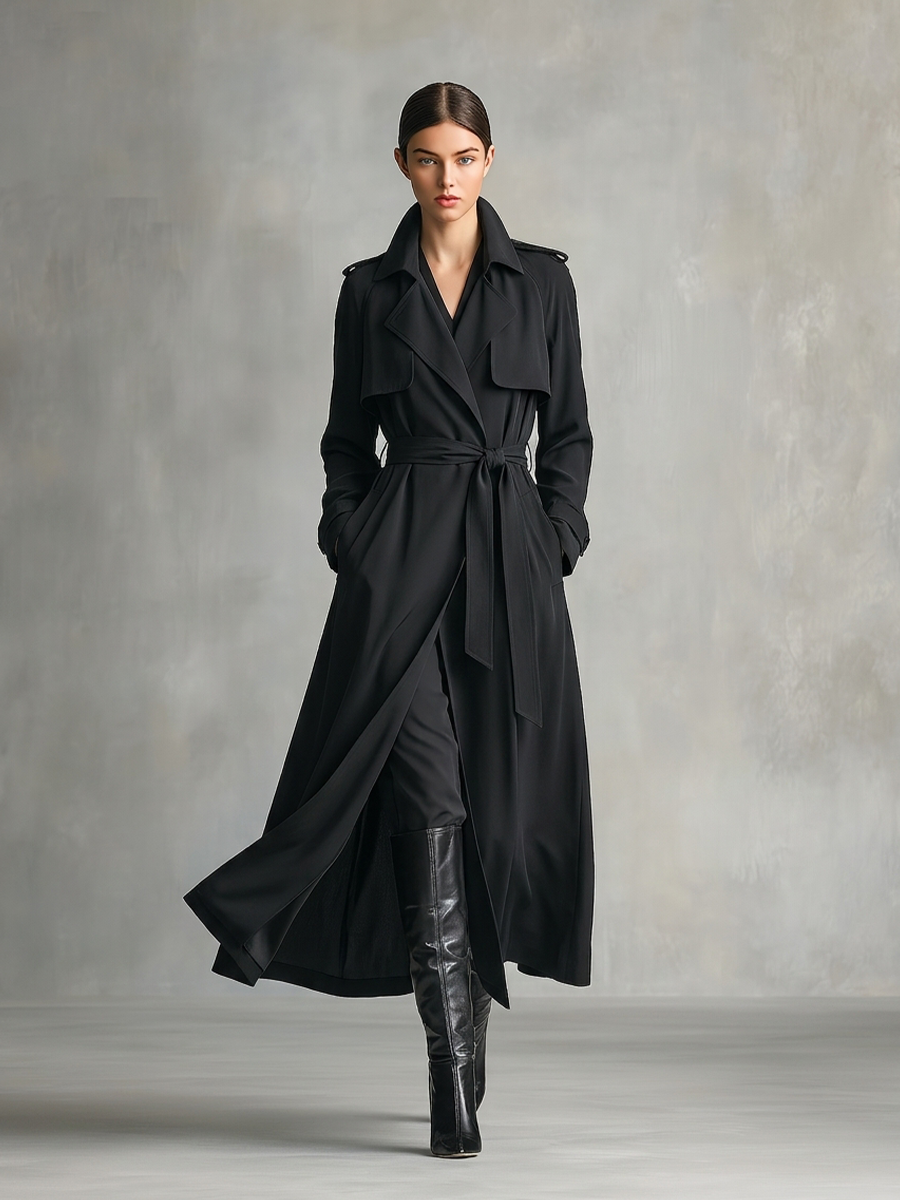 Women's Solid Black Cotton Blend Trench Overcoat With Shoulder Epaulets & Side Pockets, Sophisticated Open Front Long Sleeve Maxi Trench Coat MDZ2844G0LYL