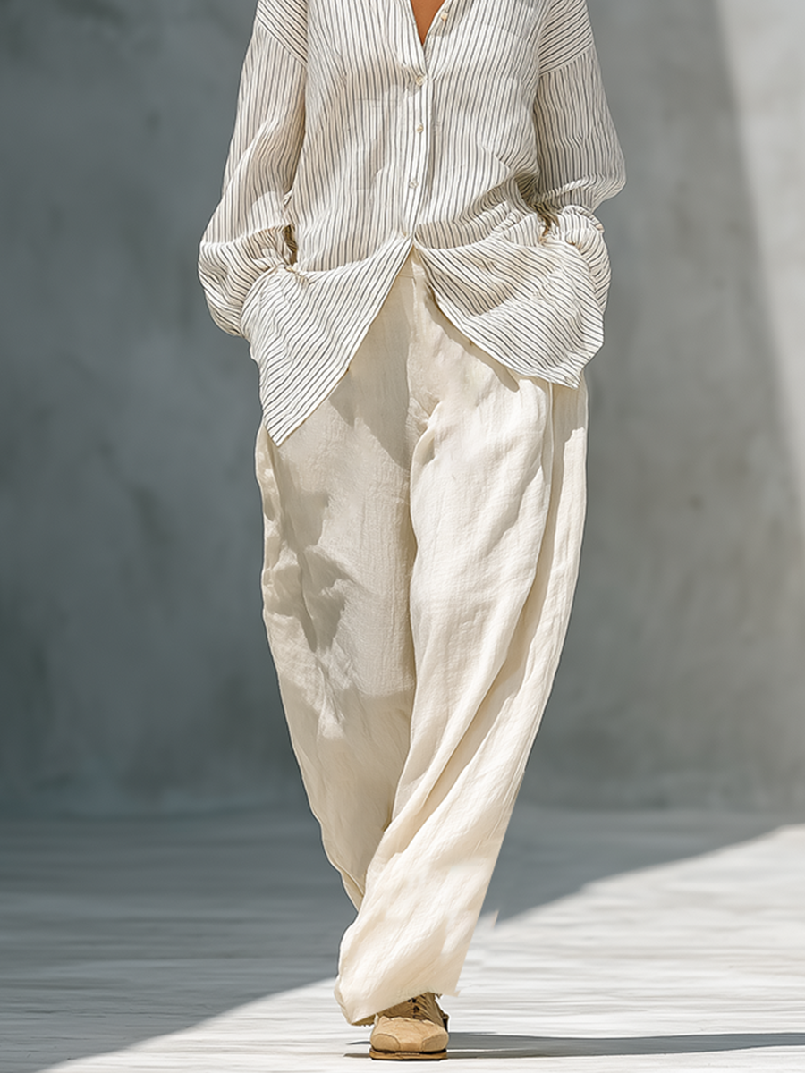 Women's Off White Stripe Cotton Blend Two Piece Matching Set With Oversized Long Sleeve Shirt & High Waist Wide Leg Trousers, Minimalist Vacation Loose Fit Co-Ord Outfit MDZ2817G6LYL