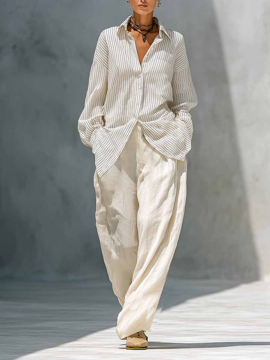 Women's Off White Stripe Cotton Blend Two Piece Matching Set With Oversized Long Sleeve Shirt & High Waist Wide Leg Trousers, Minimalist Vacation Loose Fit Co-Ord Outfit MDZ2817G6LYL