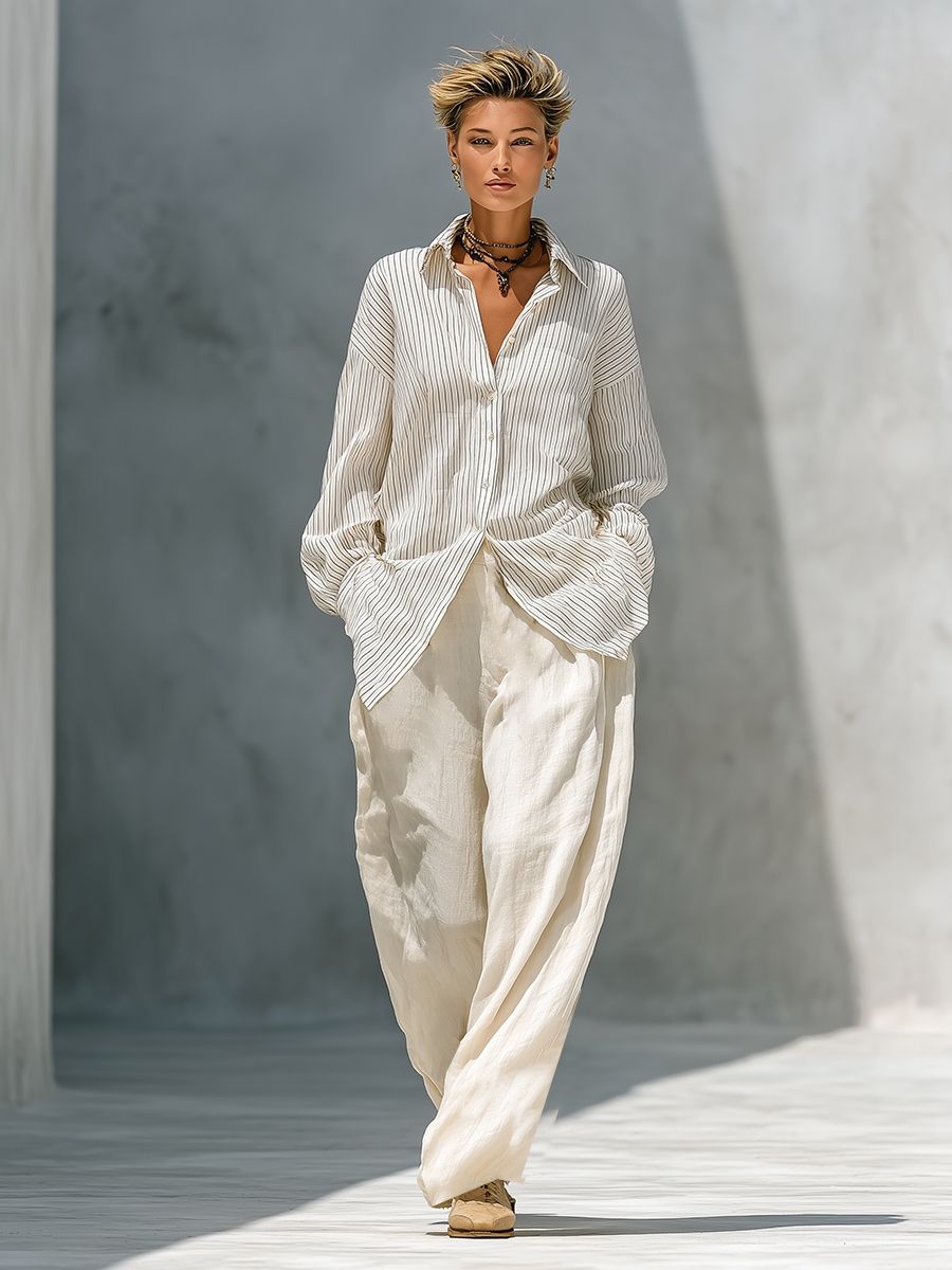 Women's Off White Stripe Cotton Blend Two Piece Matching Set With Oversized Long Sleeve Shirt & High Waist Wide Leg Trousers, Minimalist Vacation Loose Fit Co-Ord Outfit MDZ2817G6LYL