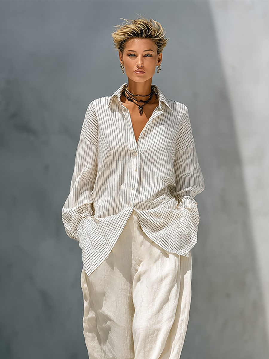 Women's Off White Stripe Cotton Blend Two Piece Matching Set With Oversized Long Sleeve Shirt & High Waist Wide Leg Trousers, Minimalist Vacation Loose Fit Co-Ord Outfit MDZ2817G6LYL