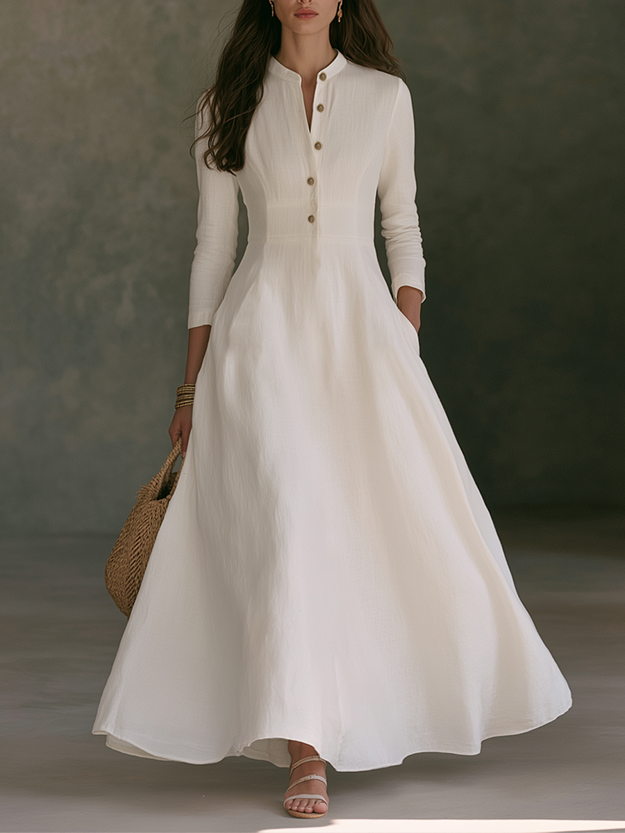 Women's White Linen A-Line Maxi Dress With Mandarin Collar And Partial Button Placket MDZ2857G1ZRK