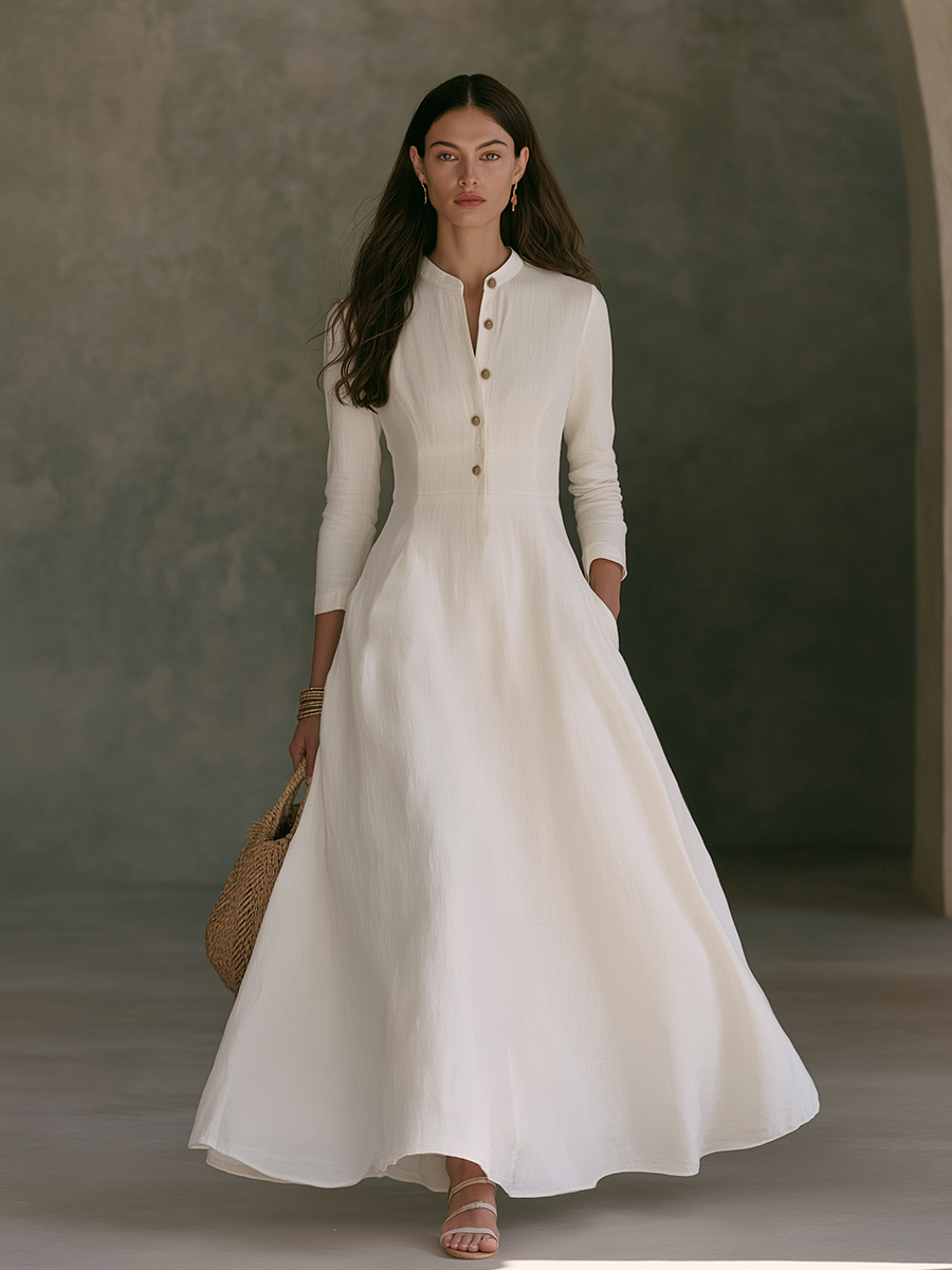 Women's White Linen A-Line Maxi Dress With Mandarin Collar And Partial Button Placket MDZ2857G1ZRK