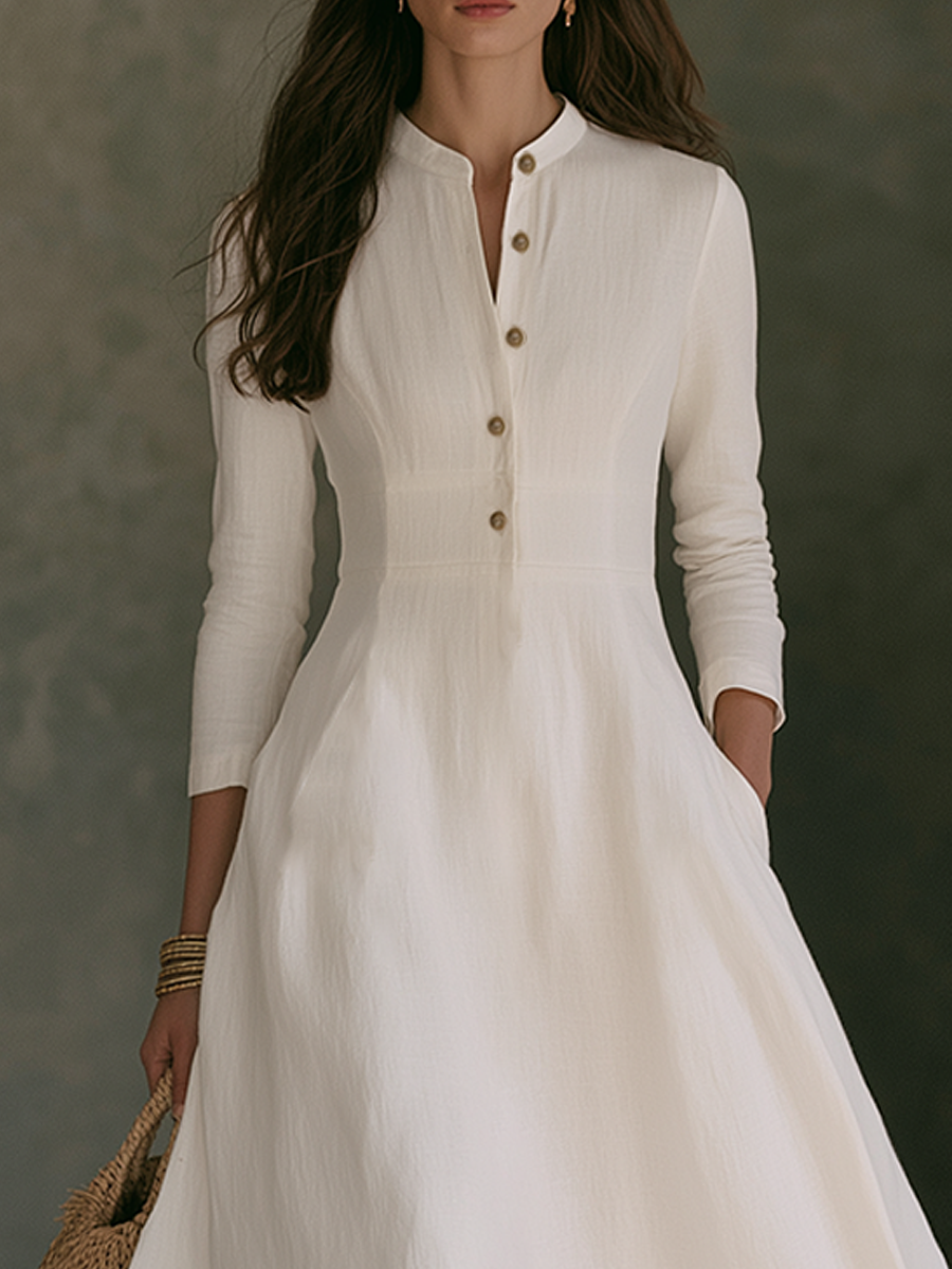 Women's White Linen A-Line Maxi Dress With Mandarin Collar And Partial Button Placket MDZ2857G1ZRK