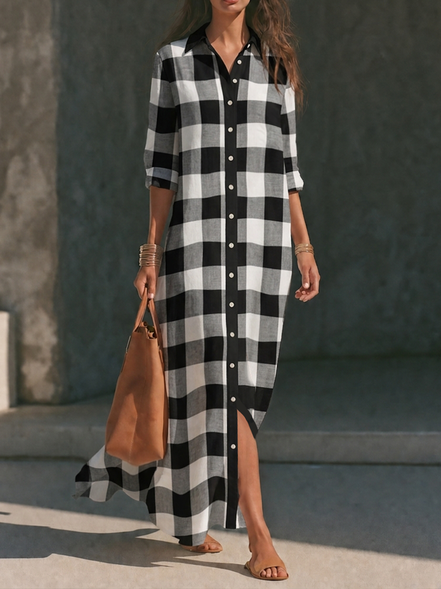 Women's Black & White Buffalo Check Linen Long Shirt Dress MDZ2827G9ZRK