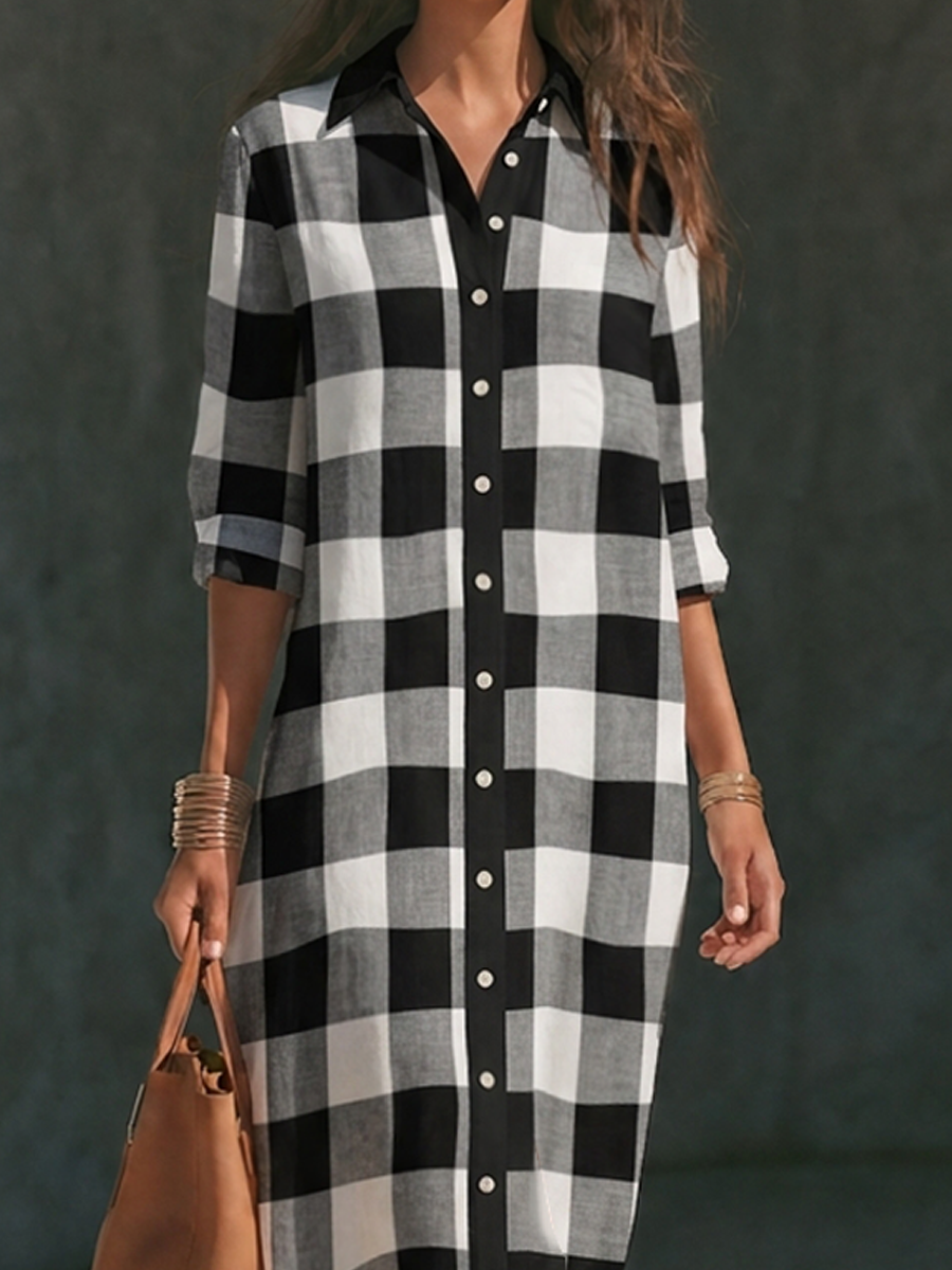 Women's Black & White Buffalo Check Linen Long Shirt Dress MDZ2827G9ZRK