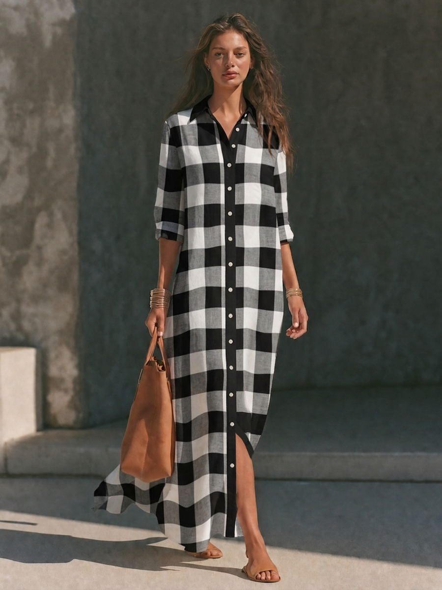 Women's Black & White Buffalo Check Linen Long Shirt Dress MDZ2827G9ZRK