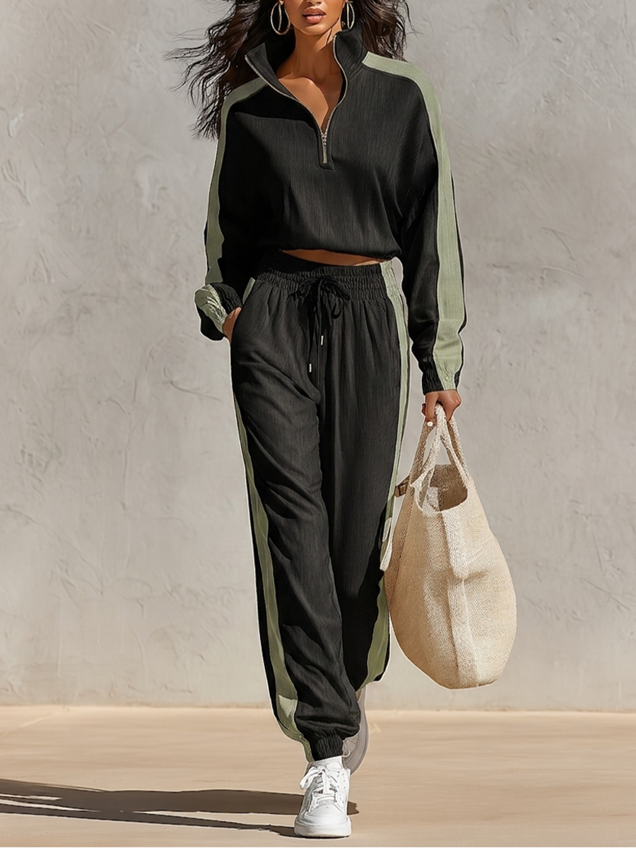 Women's Black Light Green Cotton Blend Co-Ord Set With Contrast Side Panel Long Sleeve Top & Drawstring Elastic Waist Joggers, Minimalist Streetwear Two Piece Outfit MDZ2844G9LYL