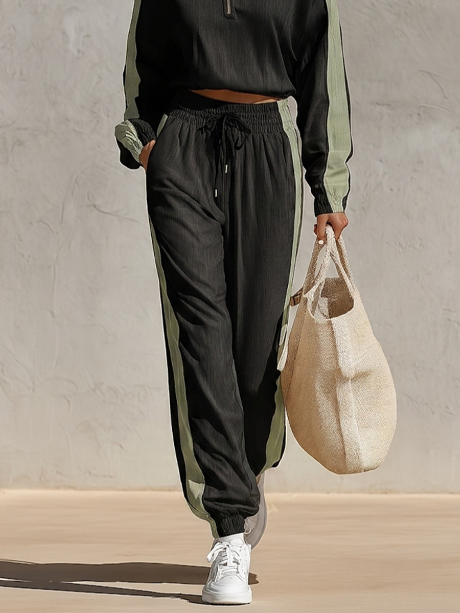 Women's Black Light Green Cotton Blend Co-Ord Set With Contrast Side Panel Long Sleeve Top & Drawstring Elastic Waist Joggers, Minimalist Streetwear Two Piece Outfit MDZ2844G9LYL